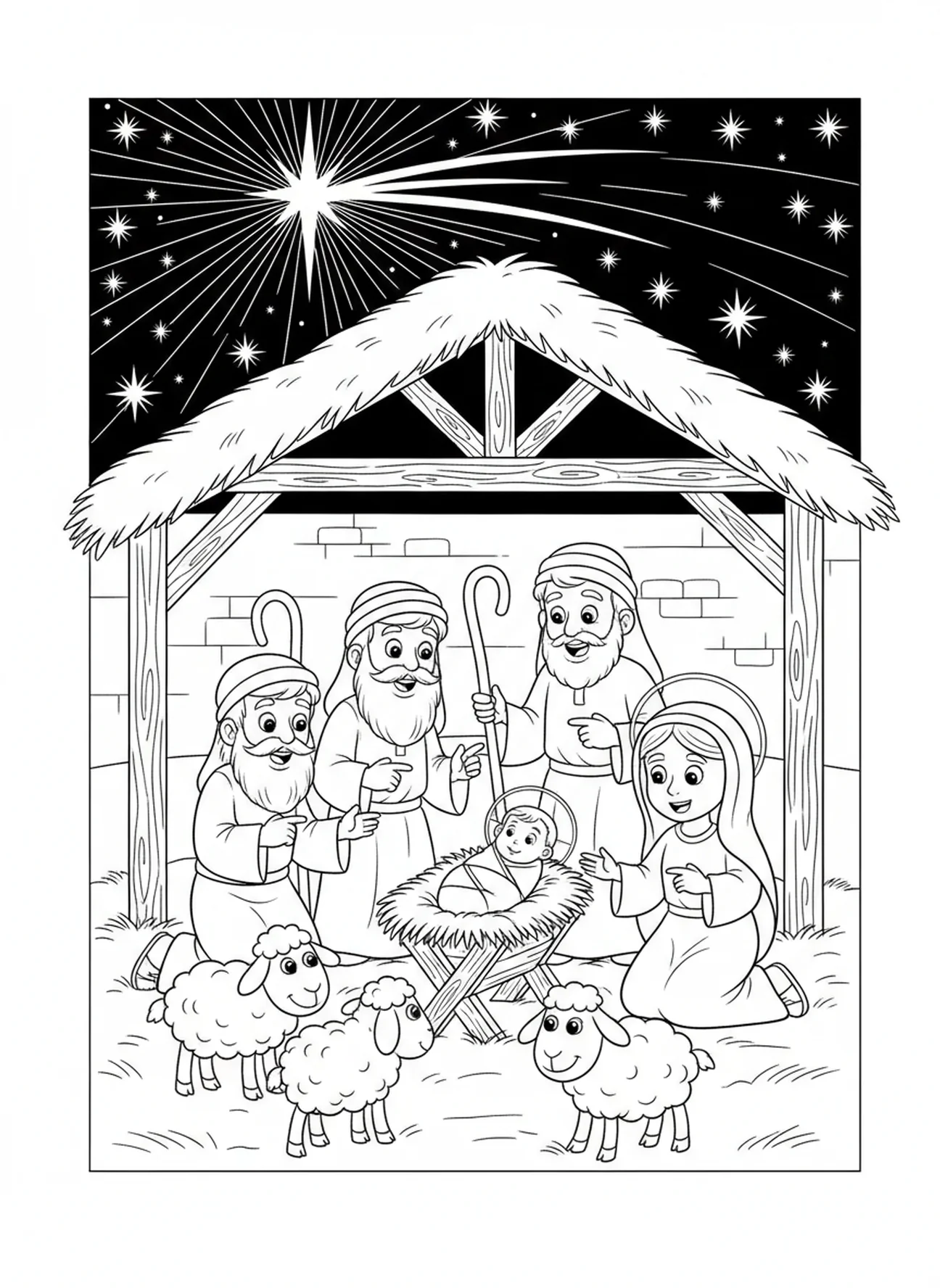 Pastores visitando o presépio, página para colorir do Natal para crianças de 5 a 10 anos