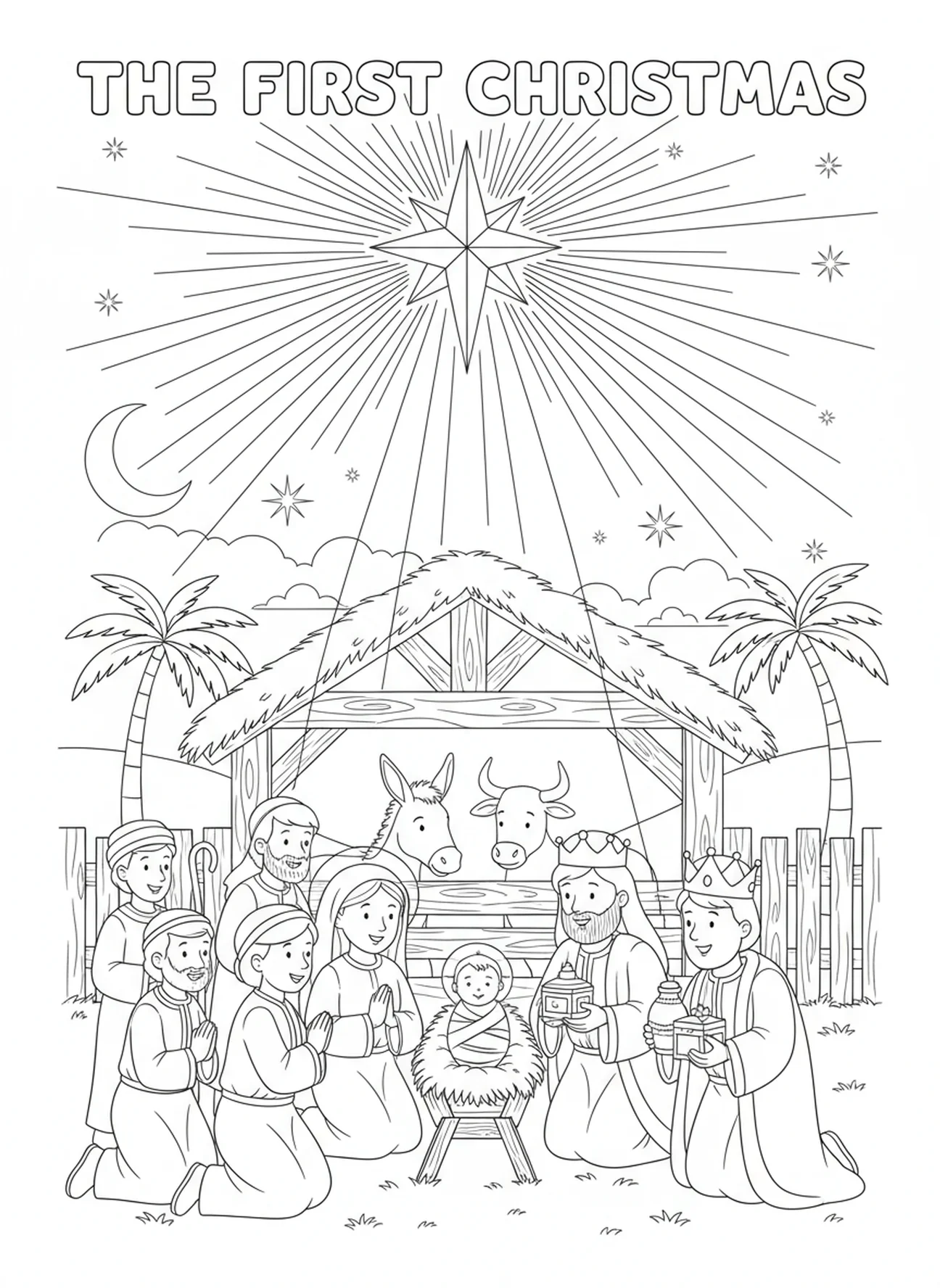 Estrela de Belém brilhando intensamente, página para colorir da cena do Natal para crianças de 5 a 10 anos