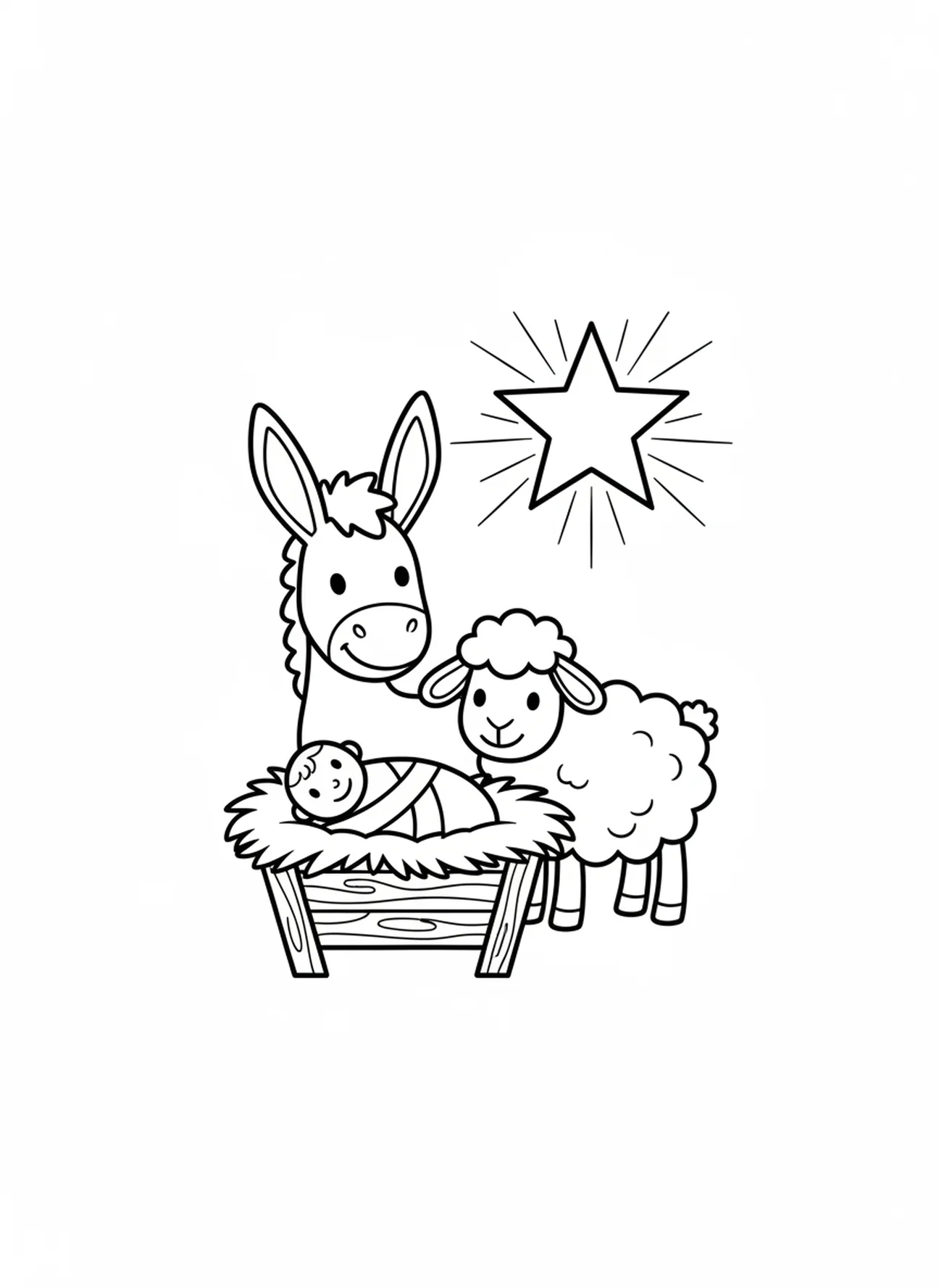 Ezel en schaap rond de kribbe, kerst kerststal kleurplaat voor peuters van 3-5 jaar