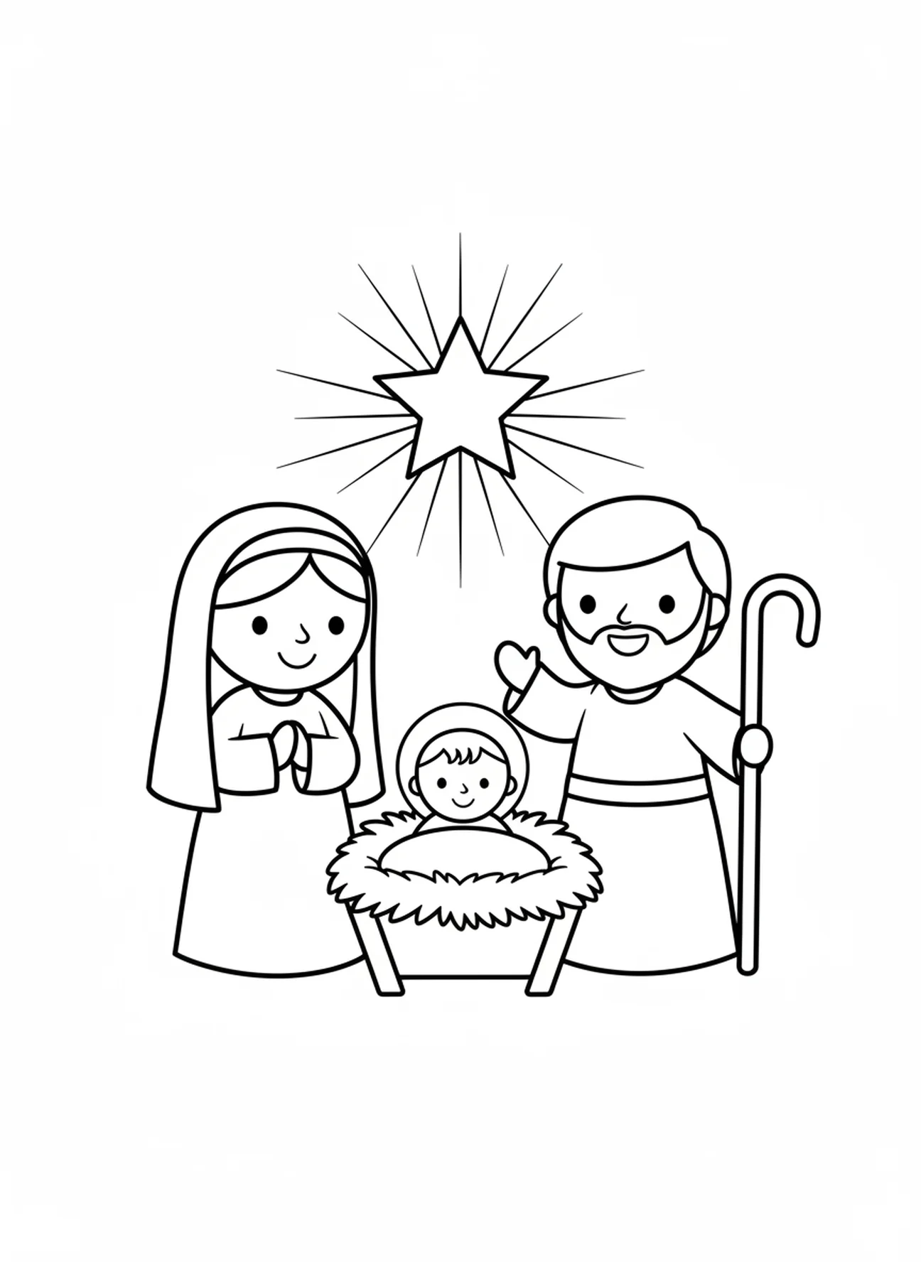 Maria en Jozef naast de kribbe, kleurplaat van de kerstnativiteit voor peuters van 3-5 jaar