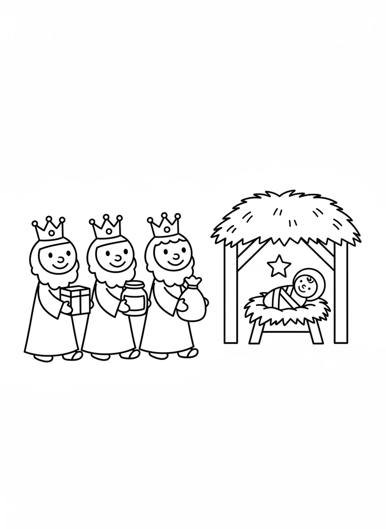 Drie wijzen met geschenken, kleurplaat van de kerstnacht voor peuters van 3-5 jaar