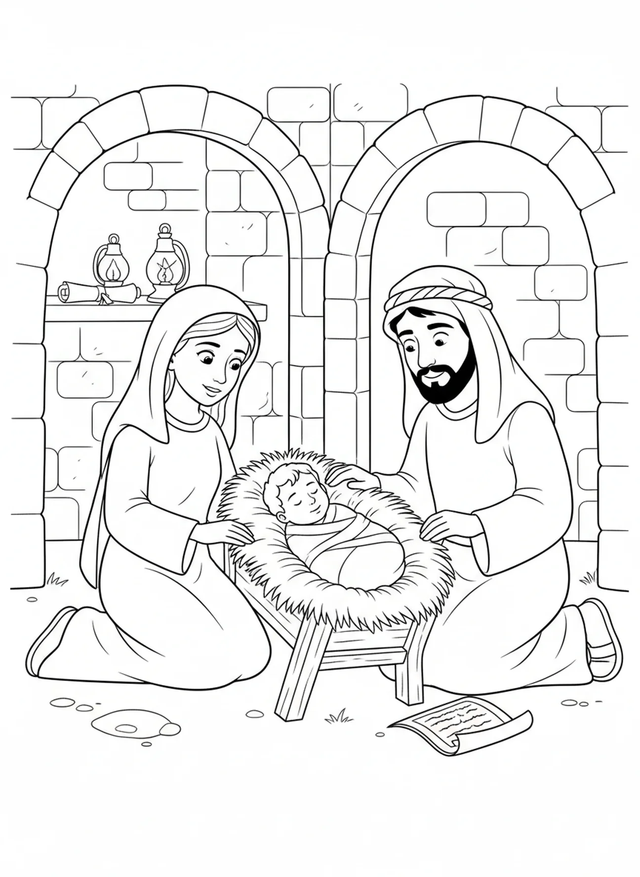 Bébé Jésus dans la crèche, page à colorier de la Nativité pour les enfants de l'École du dimanche âgés de 5 à 12 ans.
