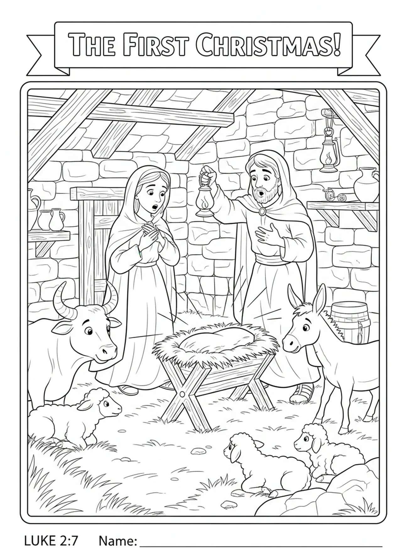 Marie et Joseph découvrant la crèche, page à colorier de la Nativité pour les enfants de l'École du dimanche âgés de 5 à 12 ans.