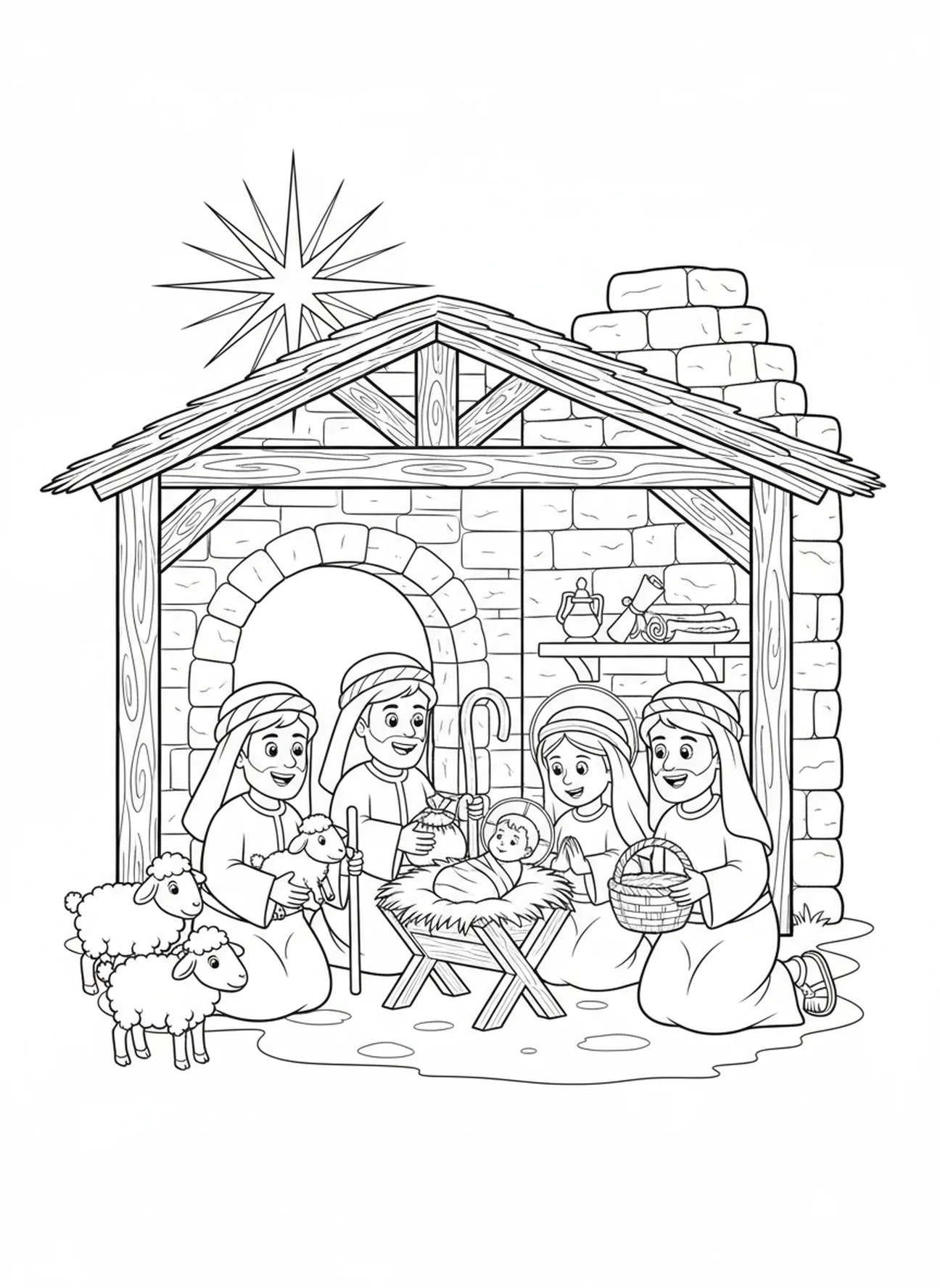 Les bergers visitant le bébé Jésus, page à colorier de la Nativité de Noël pour les enfants de l'École du dimanche âgés de 5 à 12 ans.