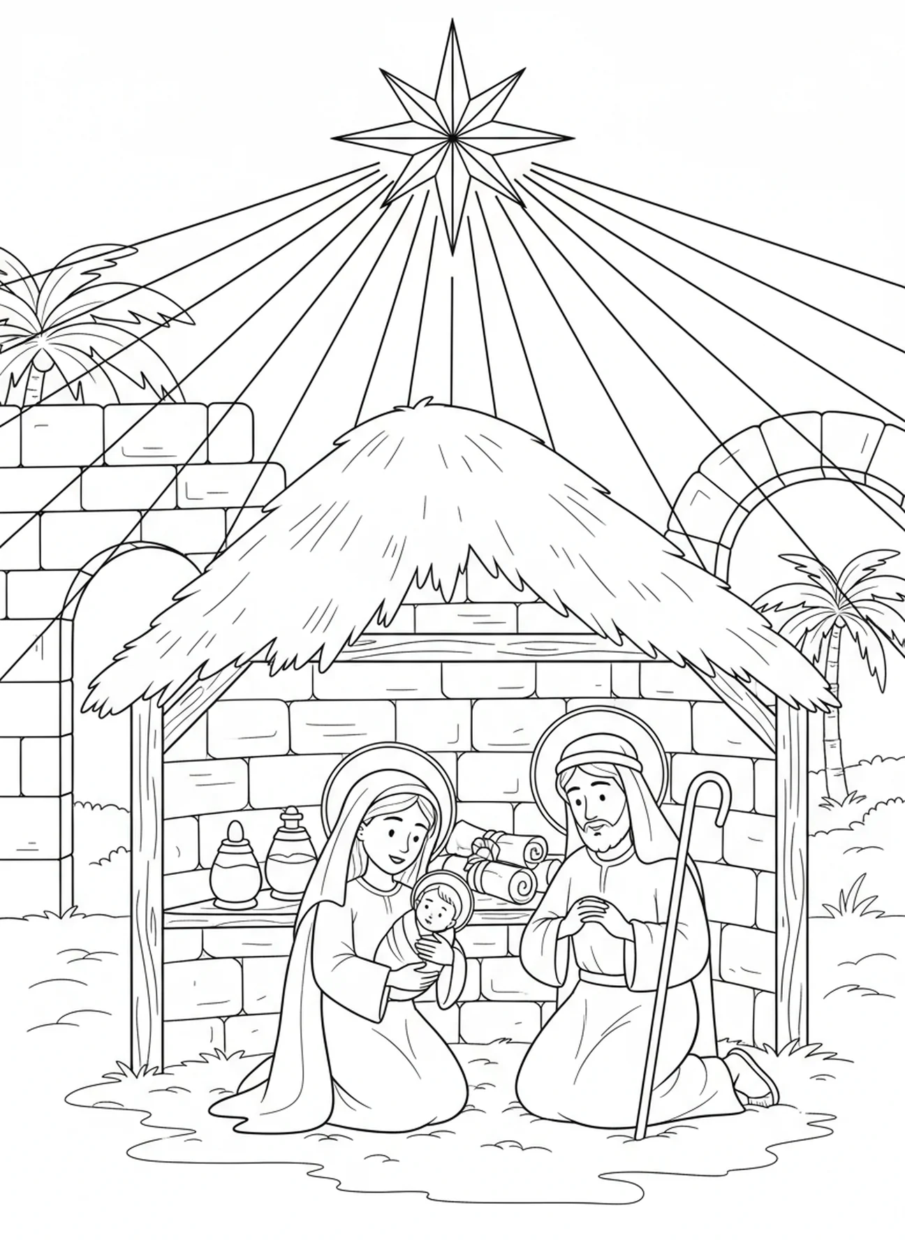 Étoile brillante au-dessus de l'étable, page à colorier de la Nativité de Noël pour les enfants de l'École du dimanche âgés de 5 à 12 ans.