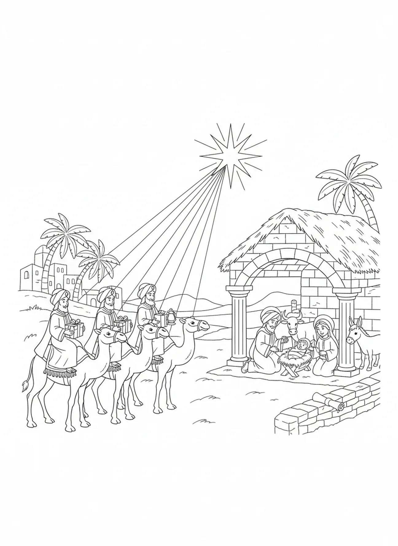 Trois Rois Mages arrivant avec des cadeaux, page à colorier de la Nativité de Noël pour les enfants de l'École du dimanche âgés de 5 à 12 ans.
