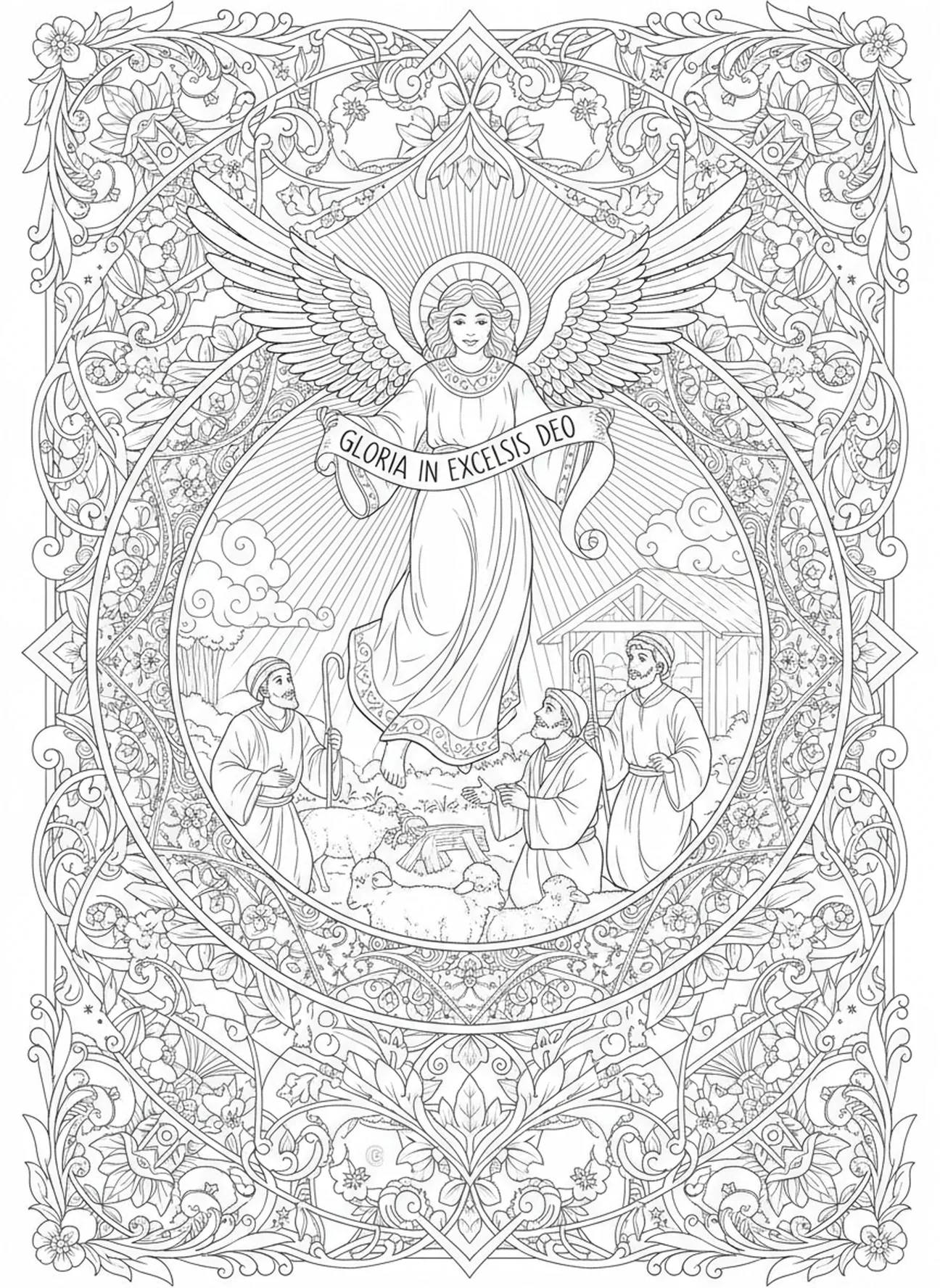 Angel announcing the birth of Jesus to shepherds, Christmas Religious coloring page for adults Bible journaling style.