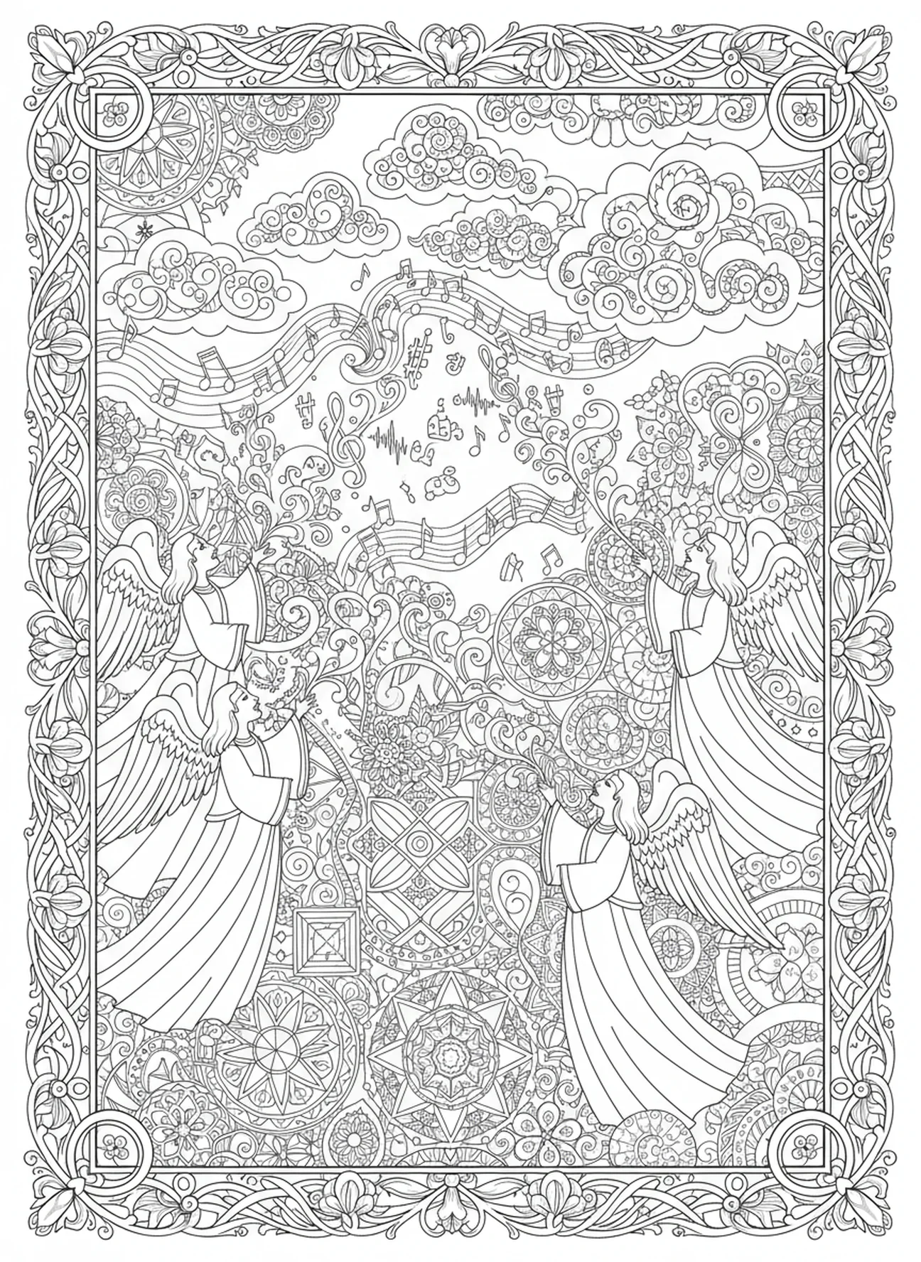 Chorus of angels singing praises, Christmas Religious coloring page for adults Bible journaling style.
