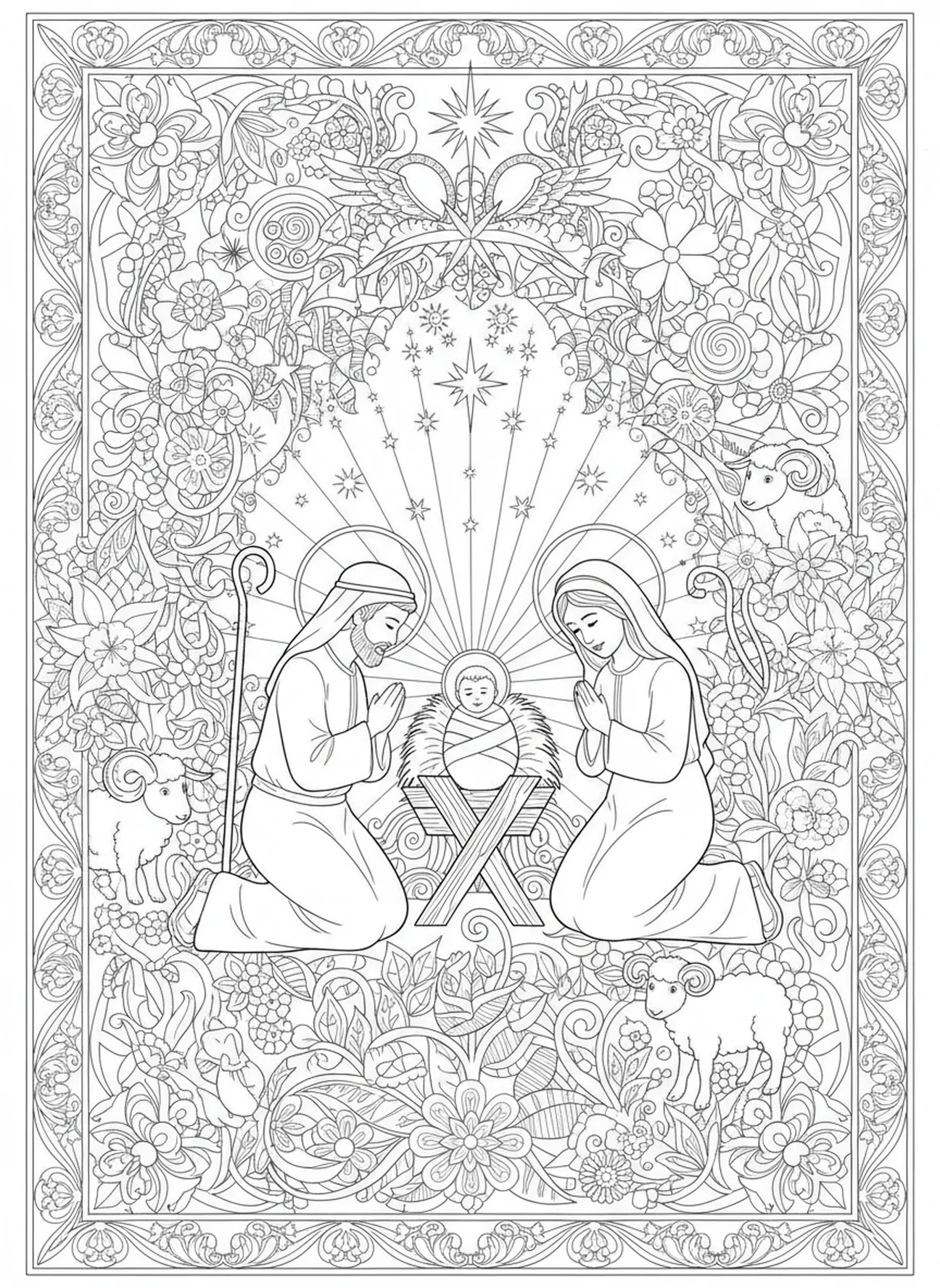 Shepherds kneeling in awe before the manger, Christmas Religious coloring page for adults Bible journaling style.