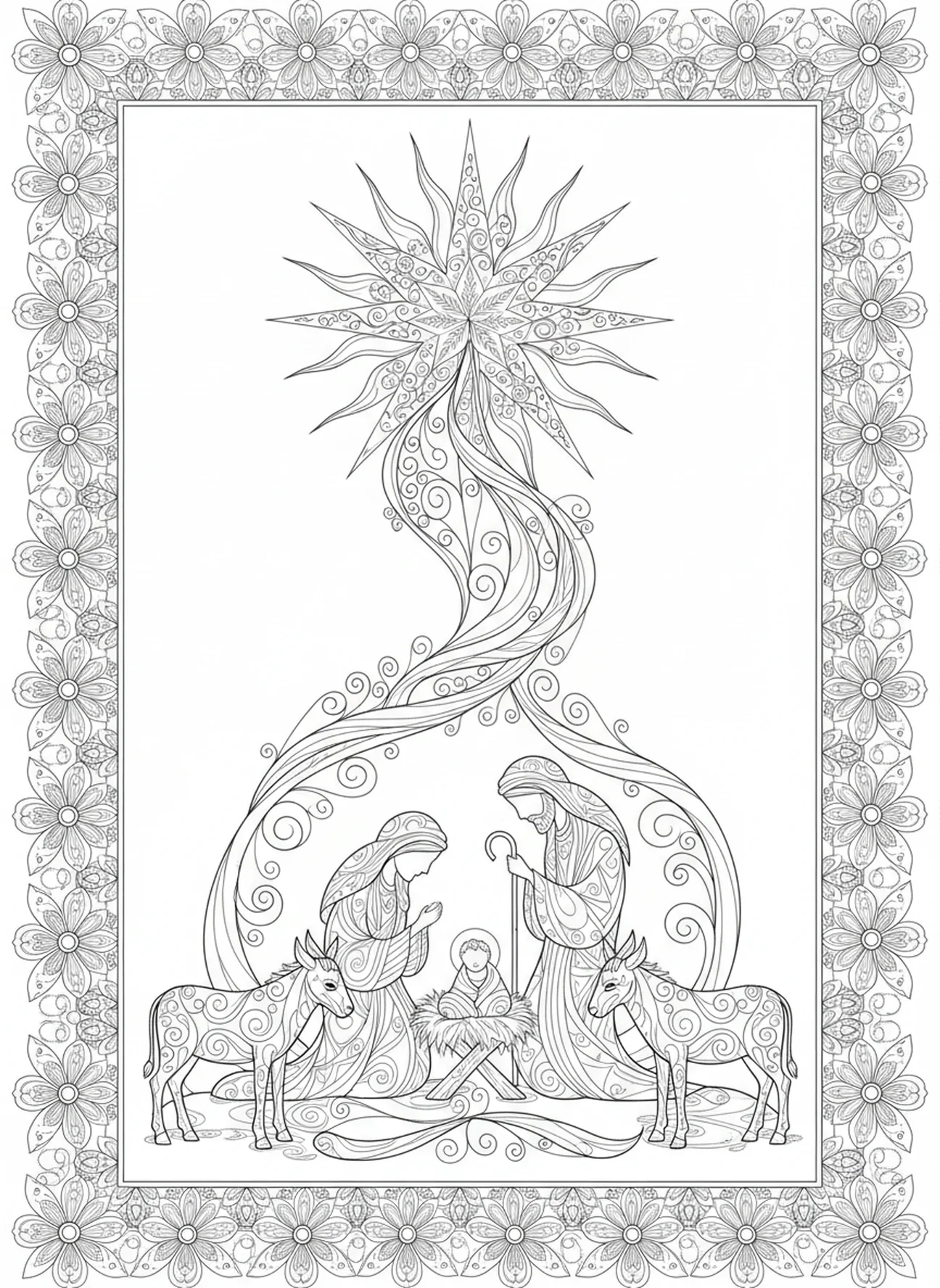 Radiant star shining over the nativity scene, Christmas Religious coloring page for adults Bible journaling style.