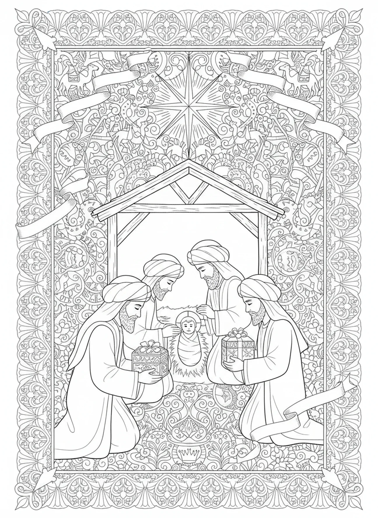 Three wise men presenting gifts to baby Jesus, Christmas Religious coloring page for adults Bible journaling style.