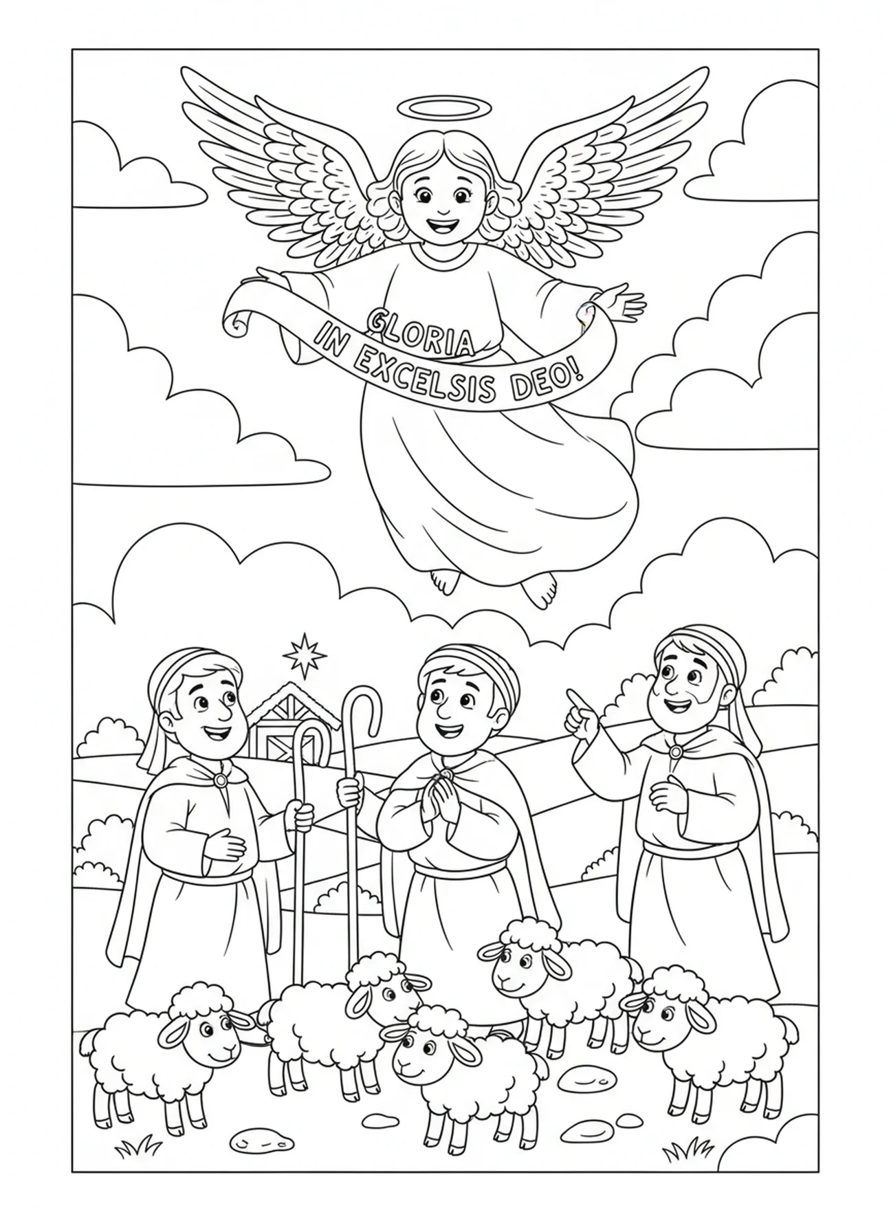 Anjo no céu, página de colorir religiosa de Natal para crianças de 5 a 10 anos