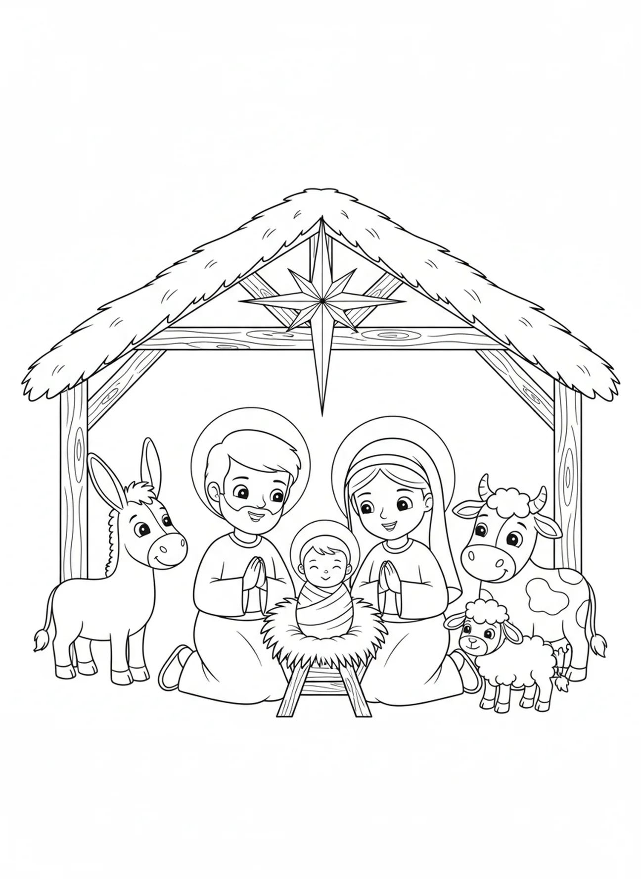 Cenário de Natal com o bebê Jesus, página de colorir religiosa de Natal para crianças de 5 a 10 anos