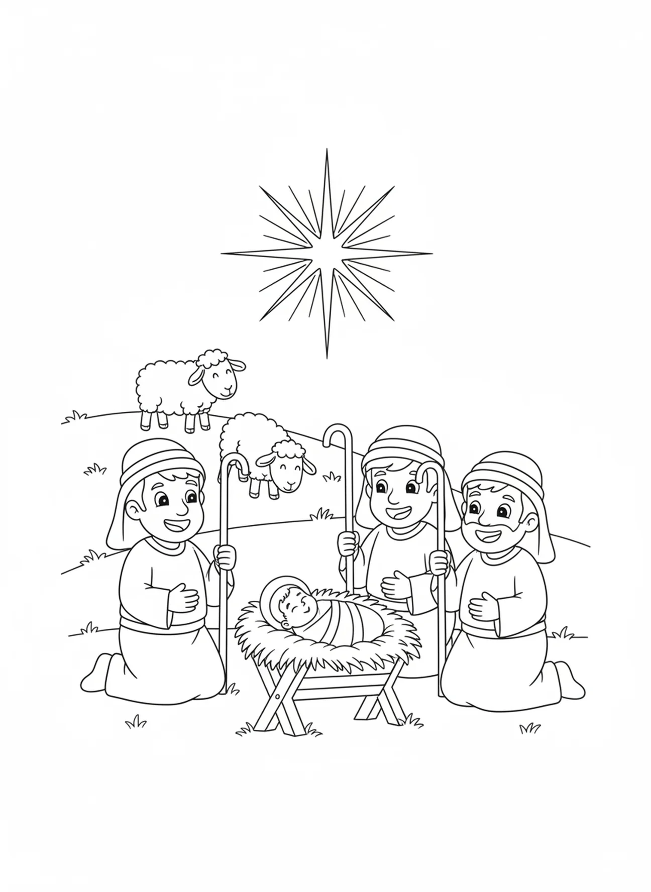 Pastores alegres, página de colorir religiosa de Natal para crianças de 5 a 10 anos