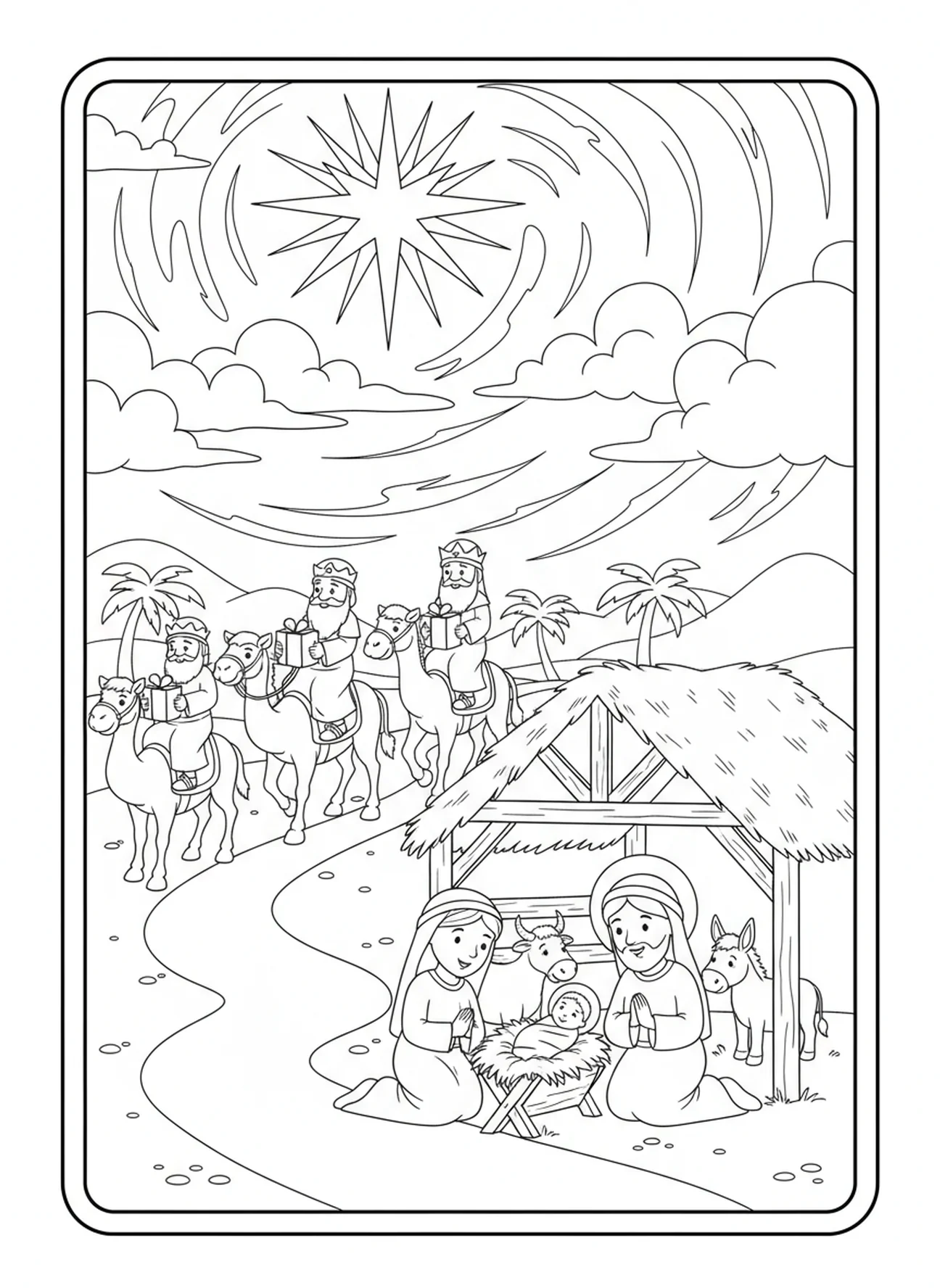 Estrela brilhante que guia, página de colorir religiosa de Natal para crianças de 5 a 10 anos
