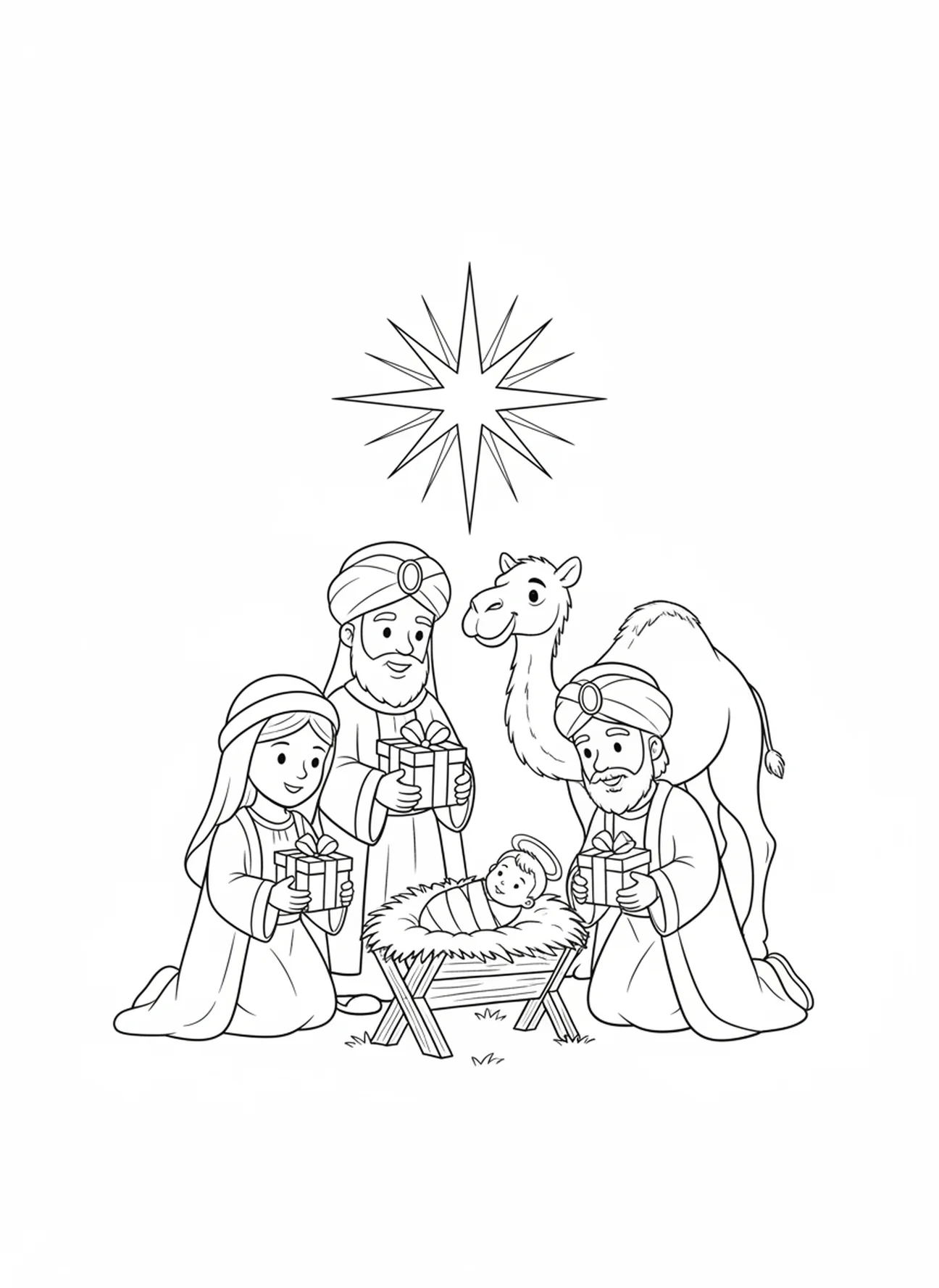 Três reis magos, página de colorir religiosa de Natal para crianças de 5 a 10 anos