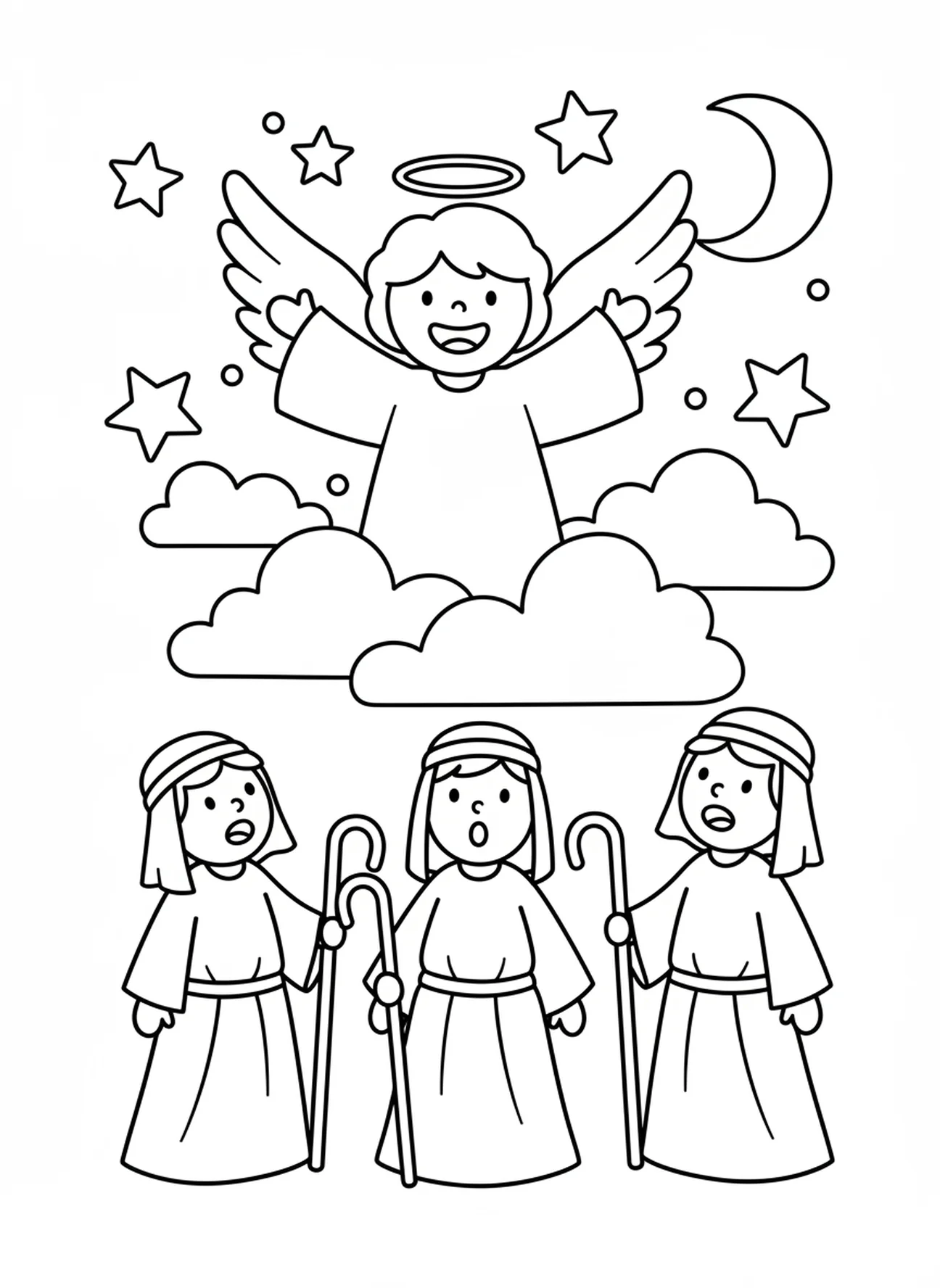 Glunderende engel in de lucht, Kerst religieuze kleurplaat voor peuters van 3-5 jaar