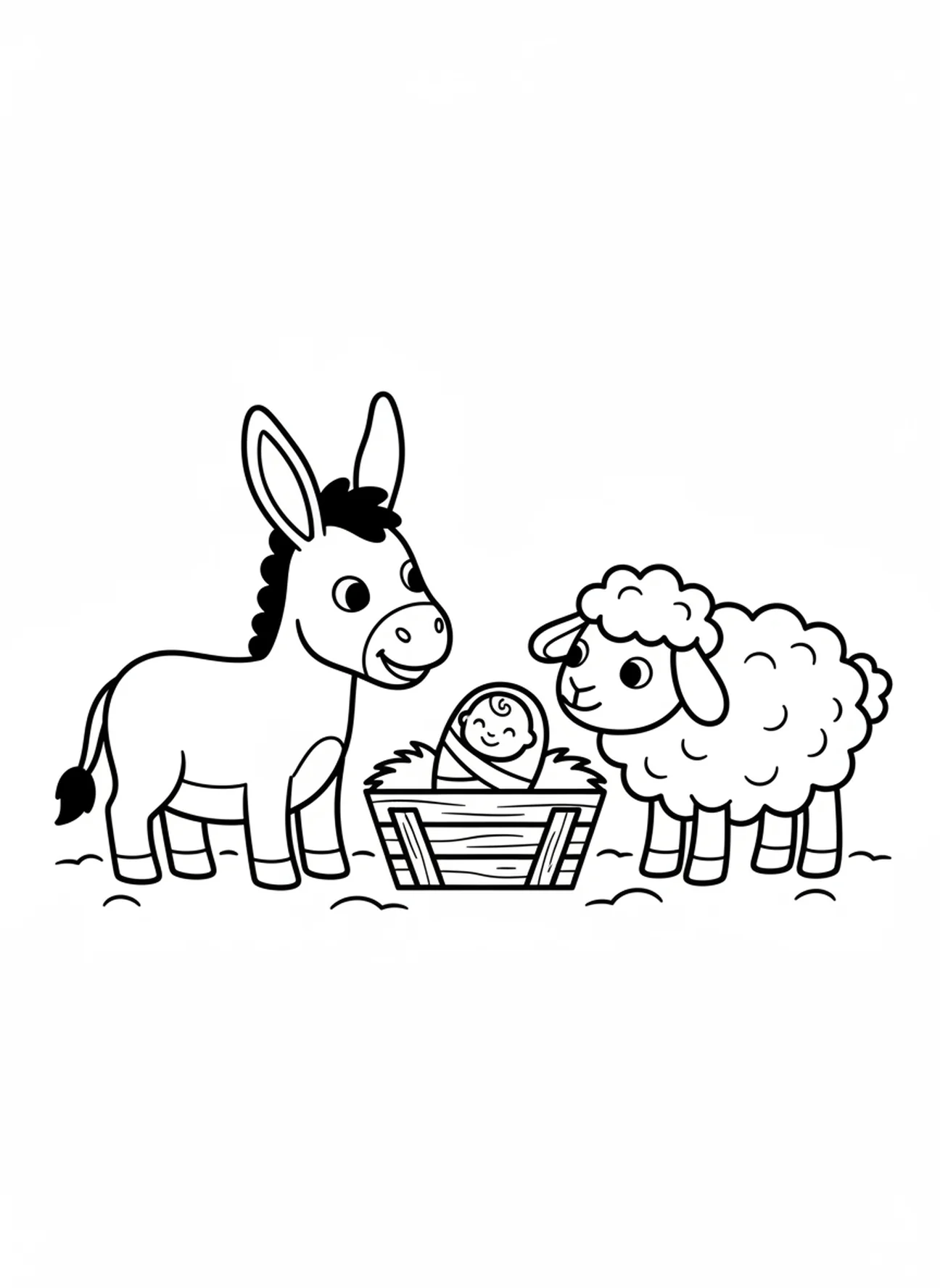 Ezel en schaap bij de kribbe, Kerst religieuze kleurplaat voor peuters van 3-5 jaar