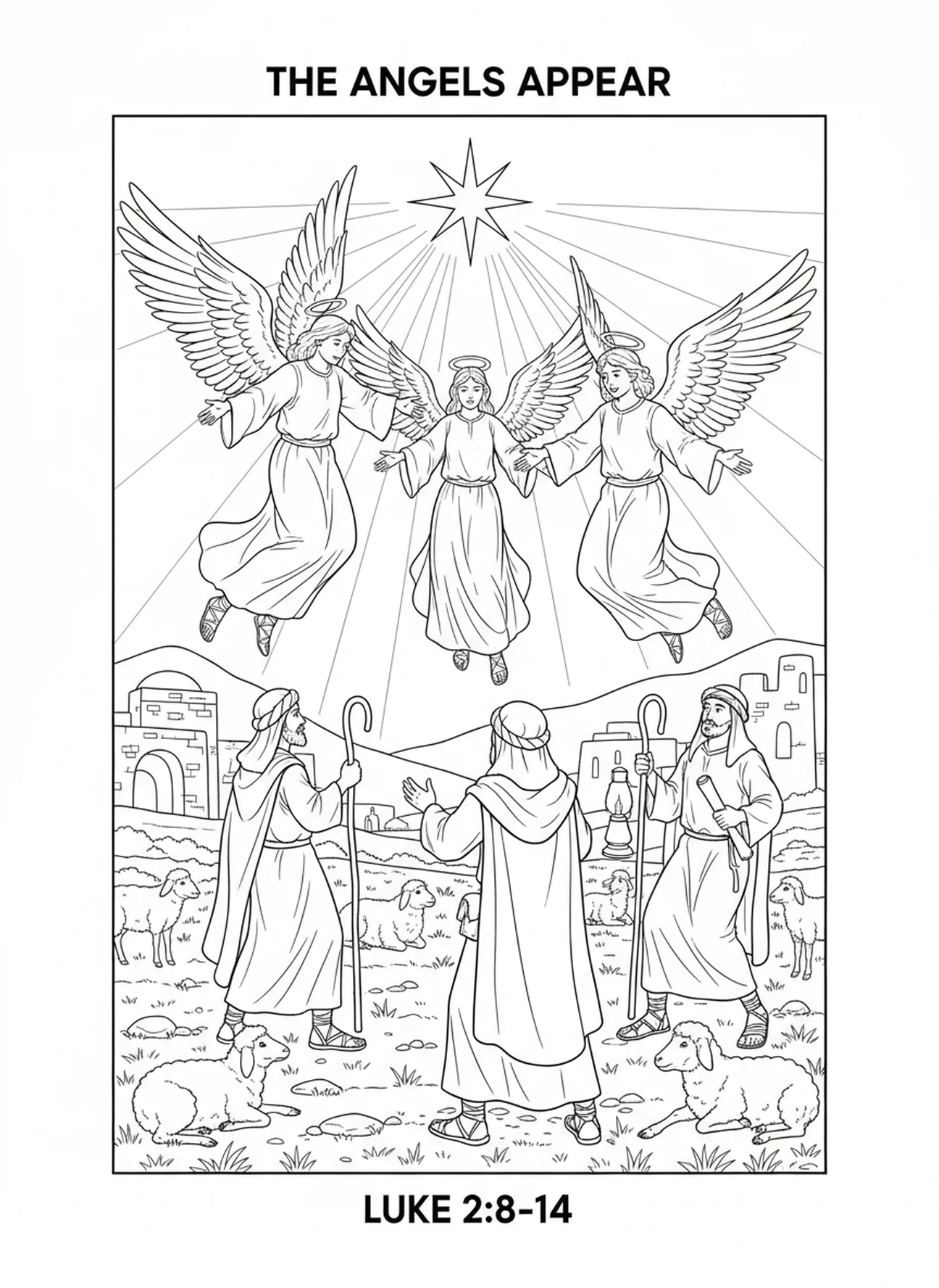 Anges et bergers, page à colorier religieuse de Noël pour les enfants de l'École du dimanche âgés de 5 à 12 ans