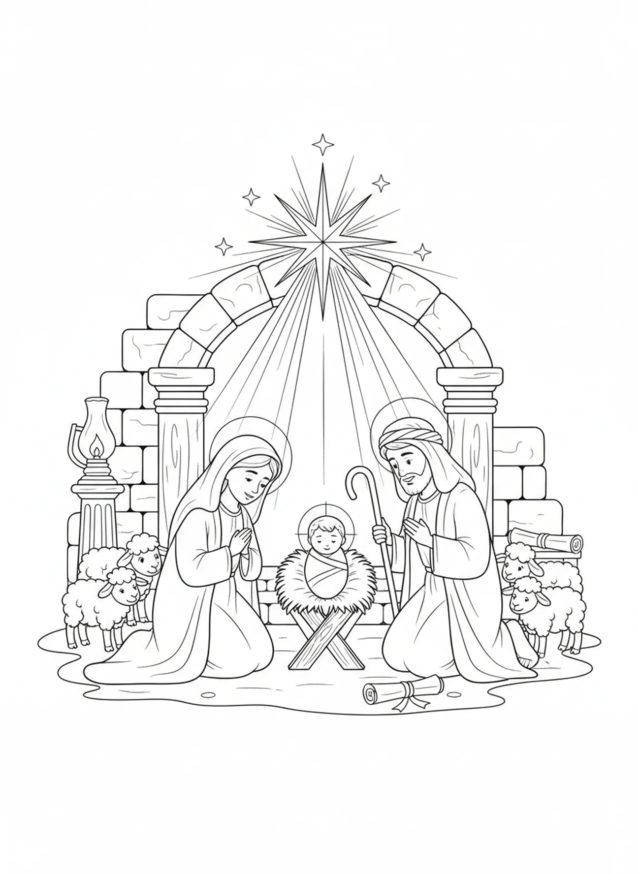 Scène de la Nativité avec des animaux, page à colorier religieuse de Noël pour les enfants de l'École du dimanche âgés de 5 à 12 ans