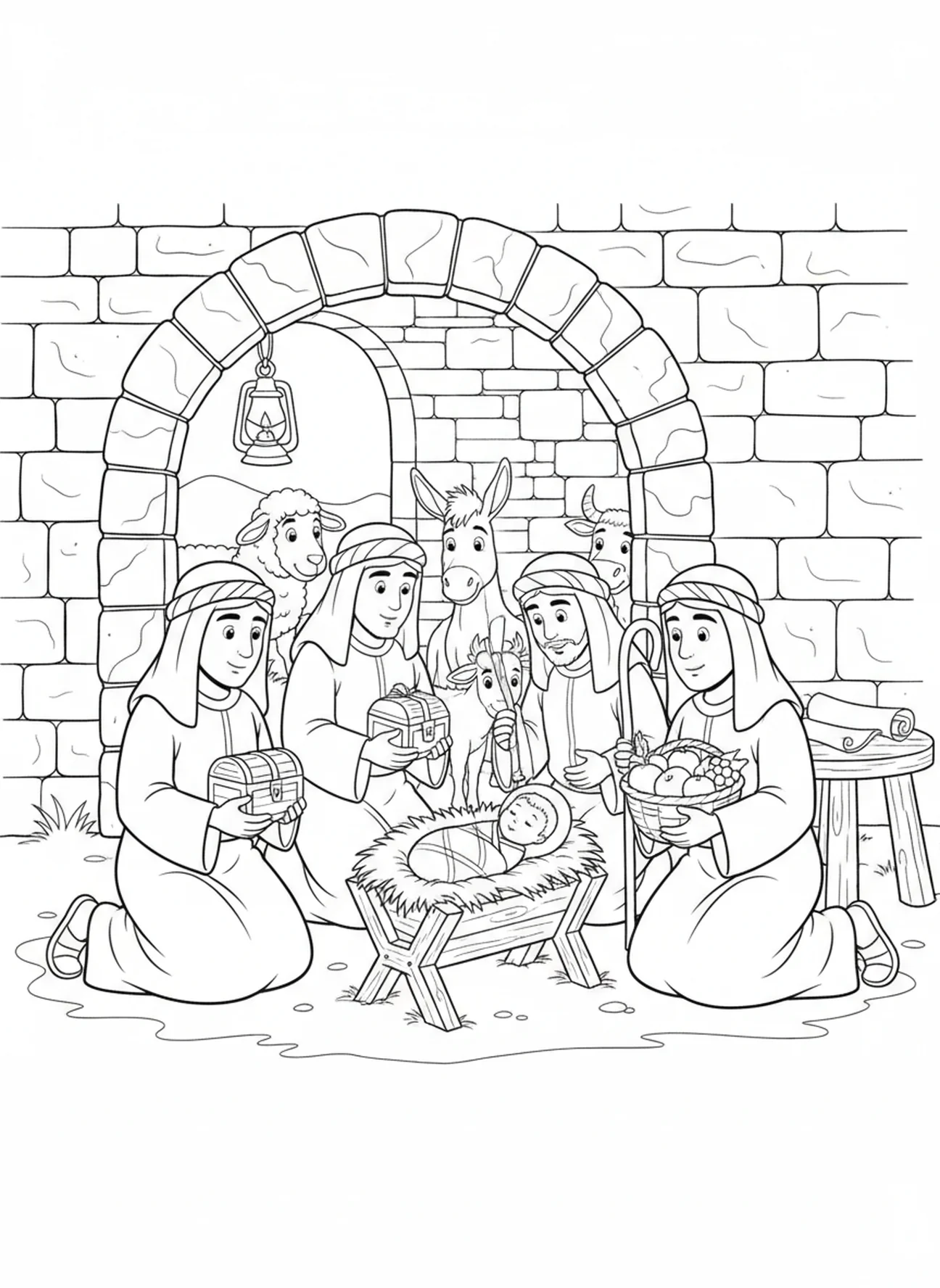 Bergers devant la crèche, page à colorier religieuse de Noël pour les enfants de l'École du dimanche âgés de 5 à 12 ans