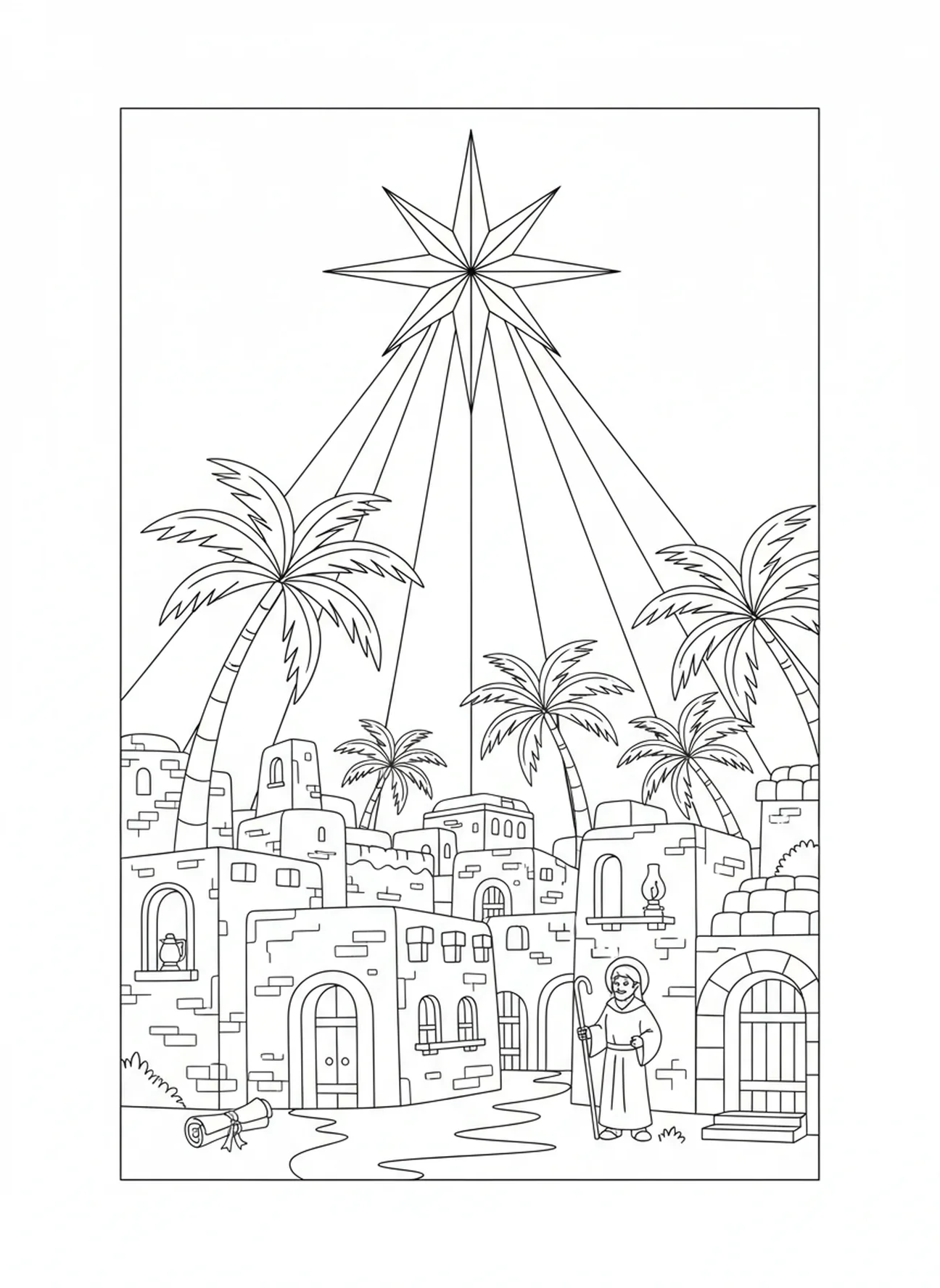 Étoile brillante au-dessus de Bethléem, page à colorier religieuse de Noël pour les enfants de l'École du dimanche âgés de 5 à 12 ans