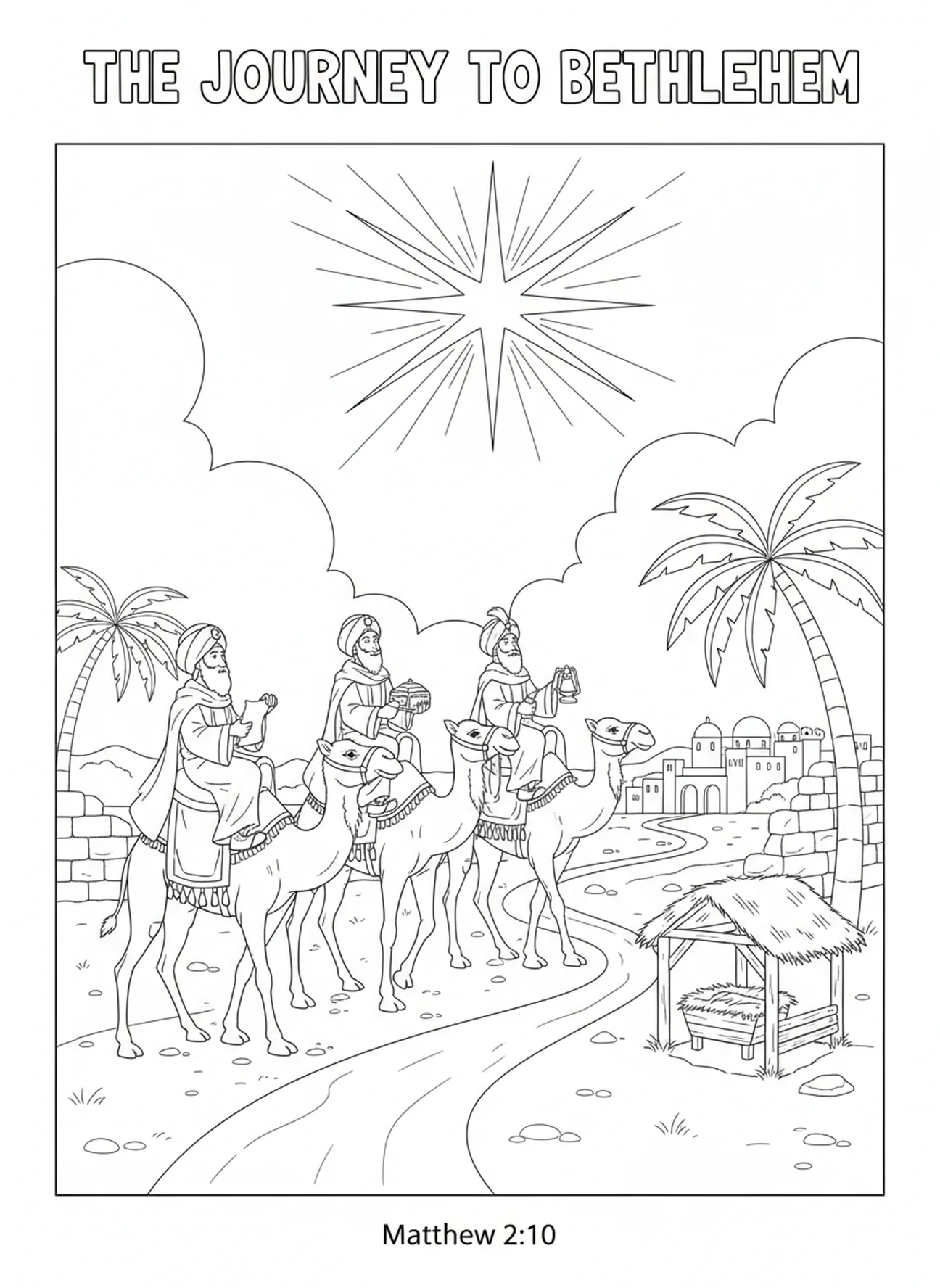Rois mages sur des chameaux, page à colorier religieuse de Noël pour les enfants de l'École du dimanche âgés de 5 à 12 ans