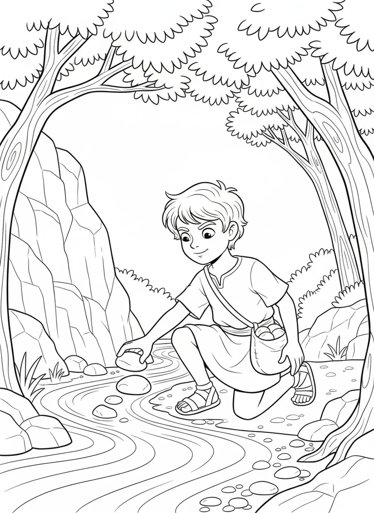 David choosing stones by a stream, Jesse Tree coloring page for kids age 5-10