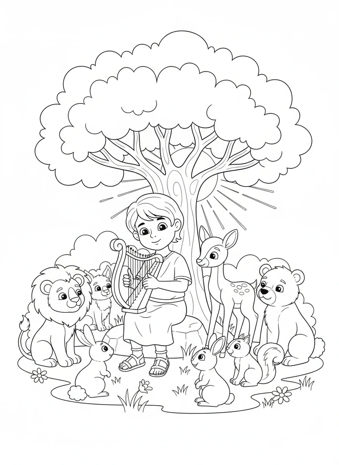 David playing harp under a tree, Jesse Tree coloring page for kids age 5-10