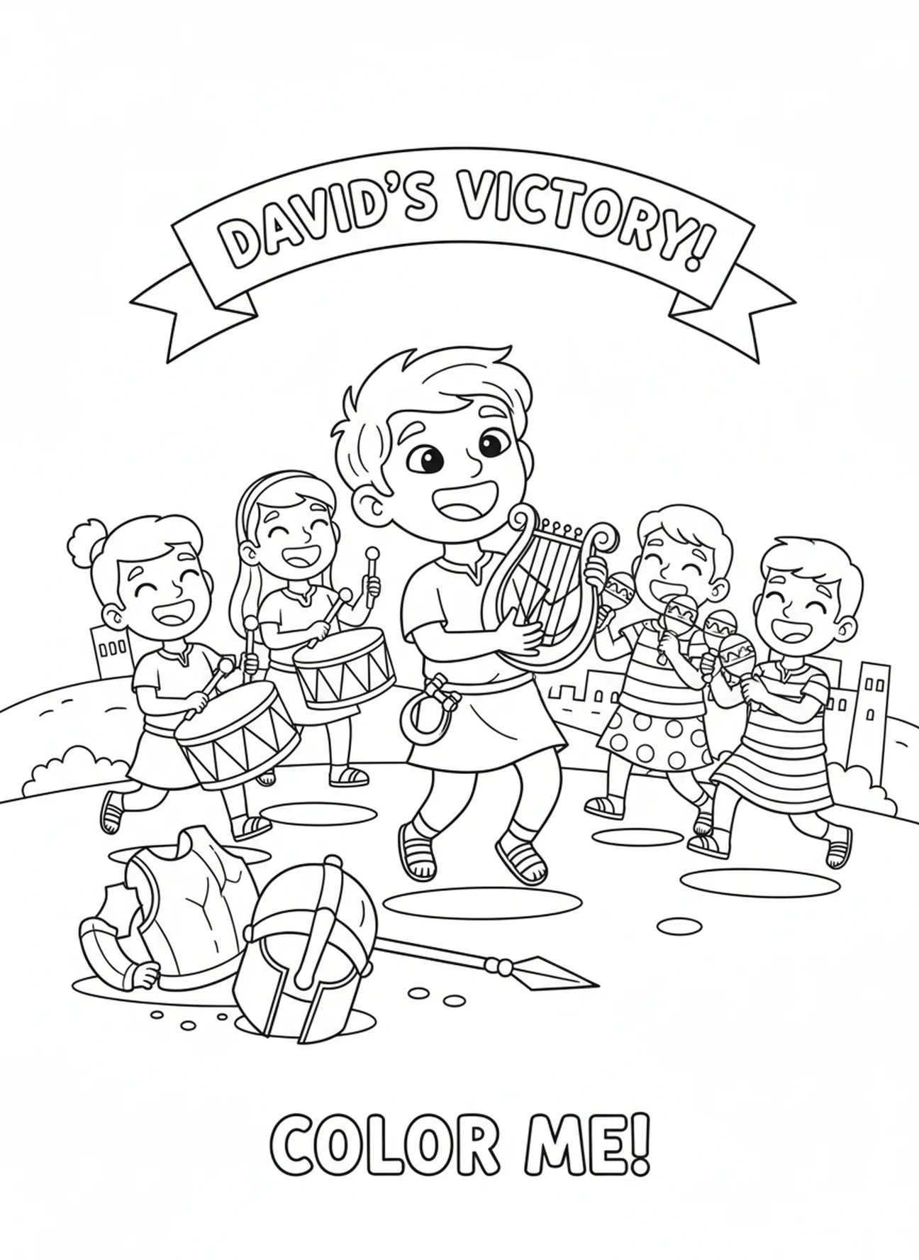 David celebrating victory with friends, Jesse Tree coloring page for kids age 5-10