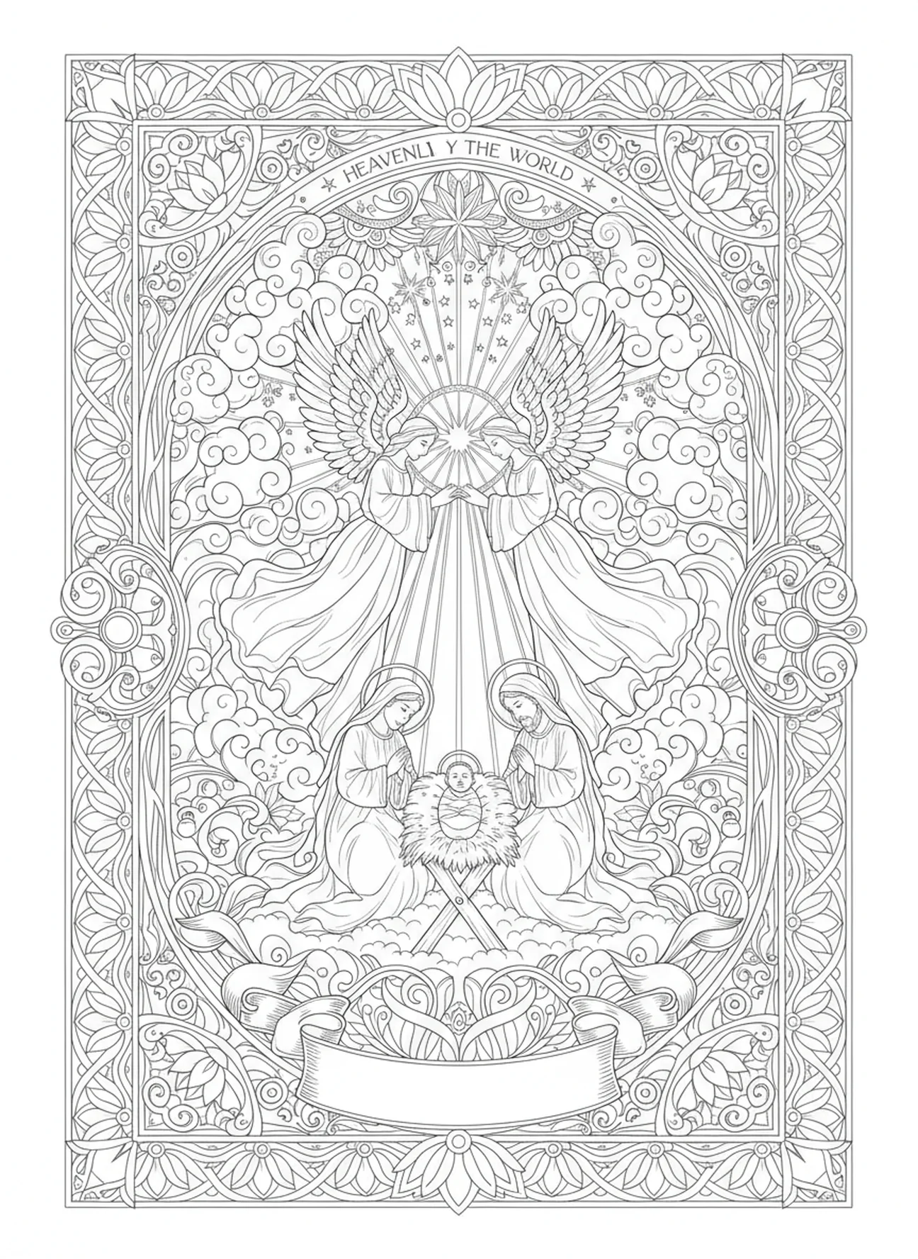 Angels adoring, Nativity Baby Jesus In Manger coloring page for adults Bible journaling style.