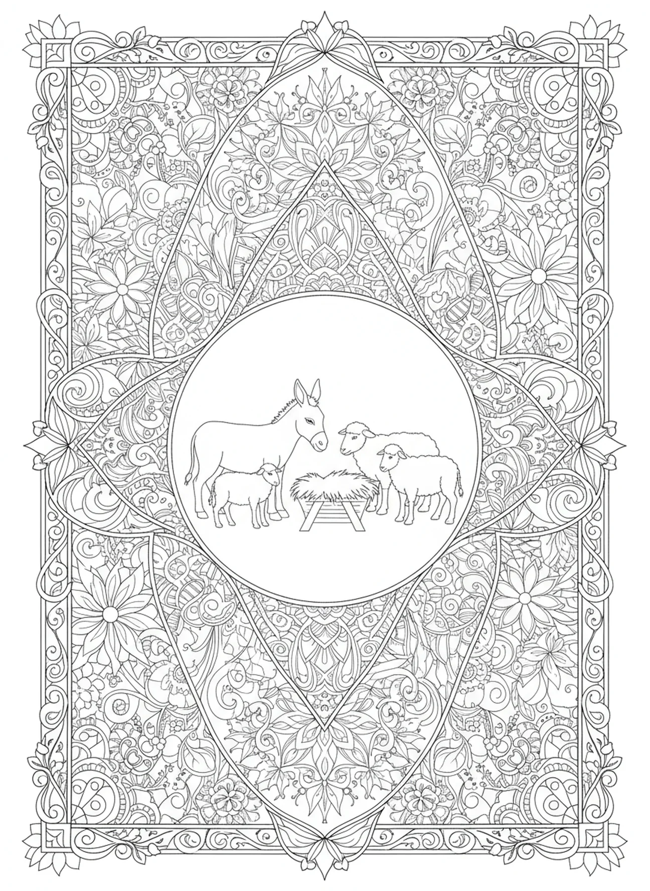 Animals around the manger, Nativity Baby Jesus In Manger coloring page for adults Bible journaling style.