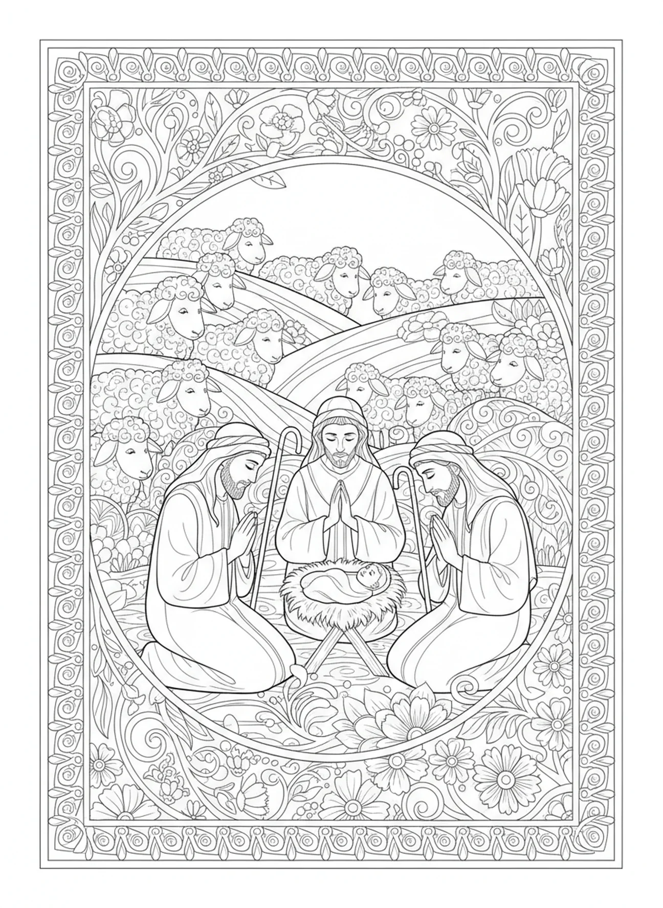 Shepherds witnessing, Nativity Baby Jesus In Manger coloring page for adults Bible journaling style.