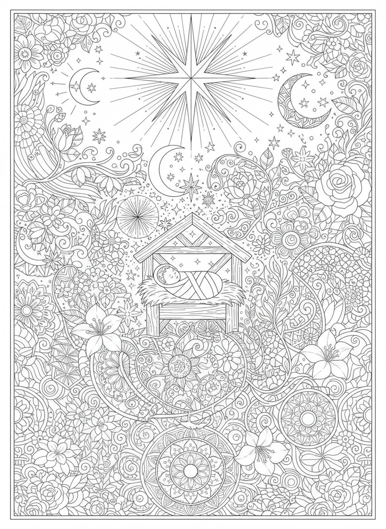 Guiding star, Nativity Baby Jesus In Manger coloring page for adults Bible journaling style.