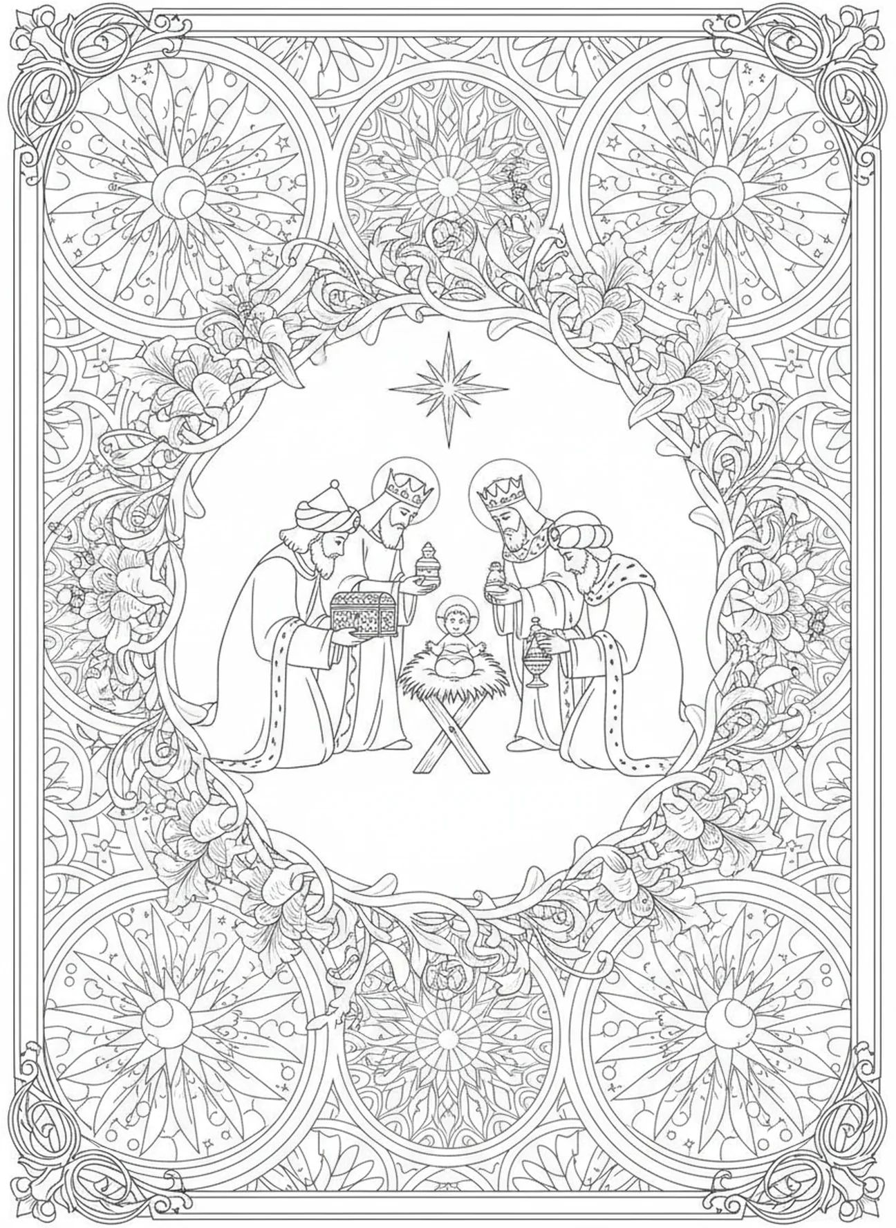 Wise men presenting gifts, Nativity Baby Jesus In Manger coloring page for adults Bible journaling style.