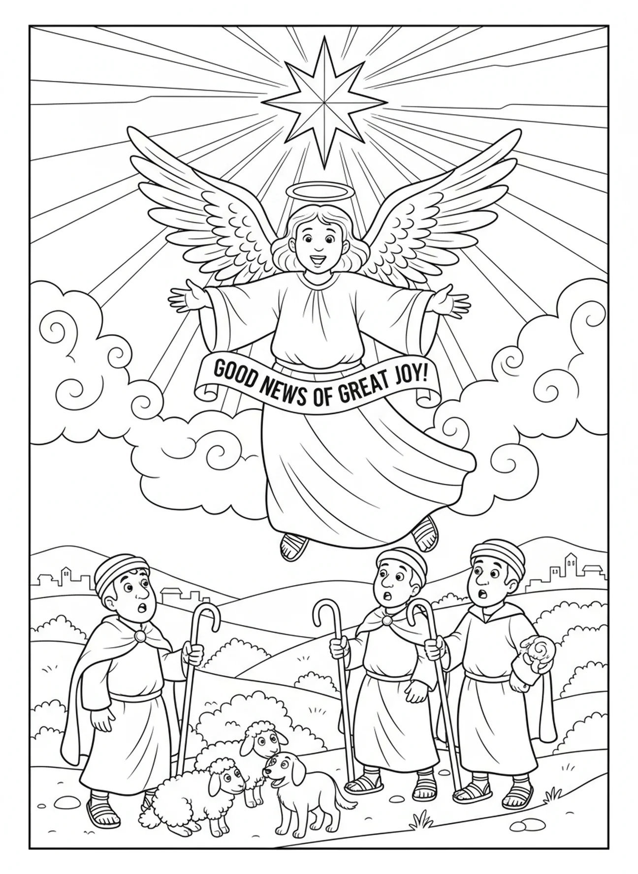 Un ange apparaissant aux bergers, page à colorier de la Nativité de l'Enfant Jésus dans la crèche pour les enfants de 5 à 10 ans