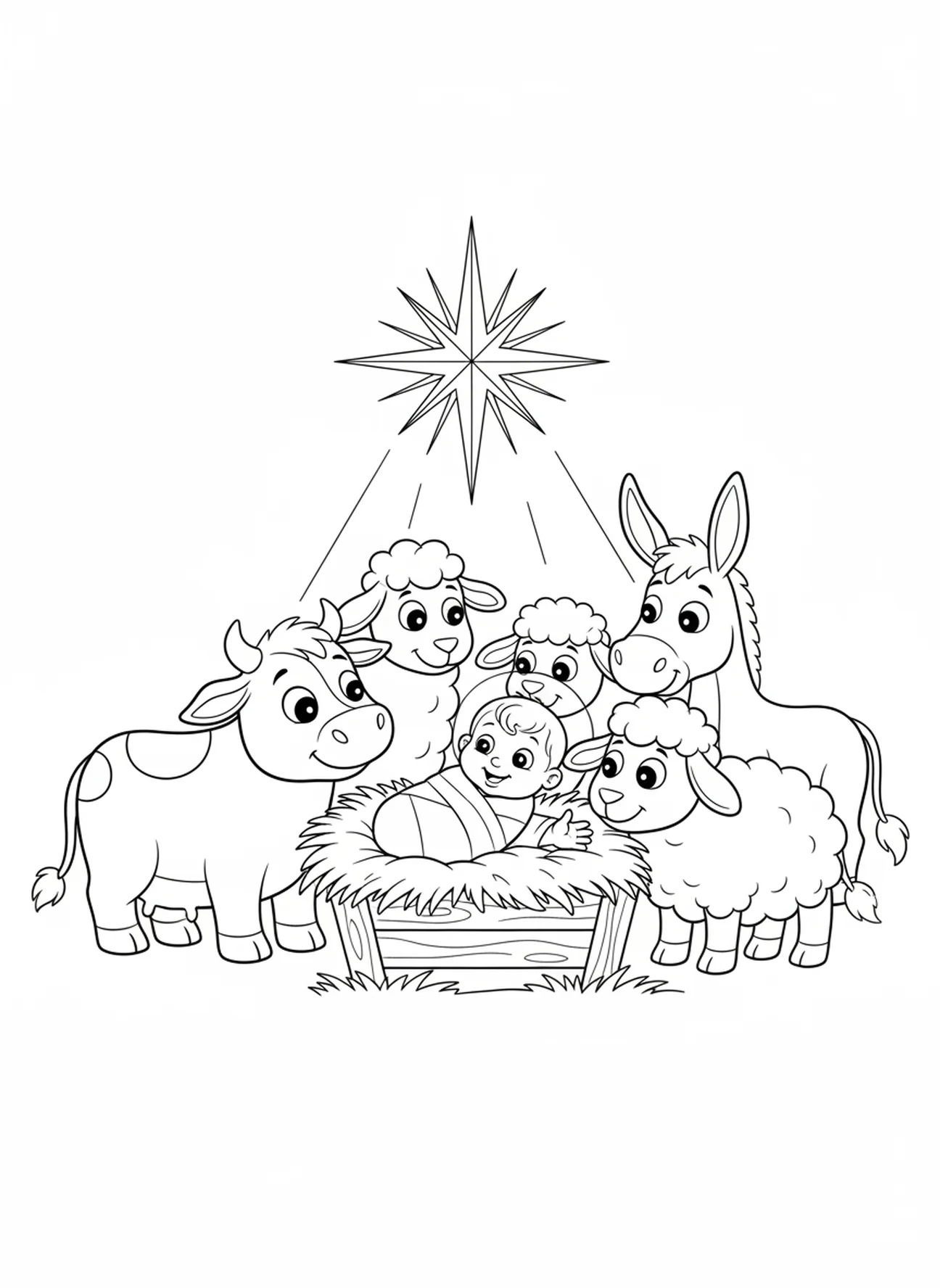 Animaux autour de la crèche, page à colorier de la Nativité avec le bébé Jésus dans la crèche pour les enfants de 5 à 10 ans