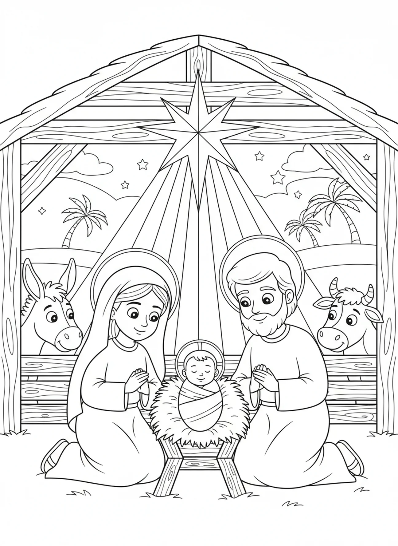 Marie et Joseph veillant sur Jésus, page à colorier de la Nativité pour les enfants de 5 à 10 ans