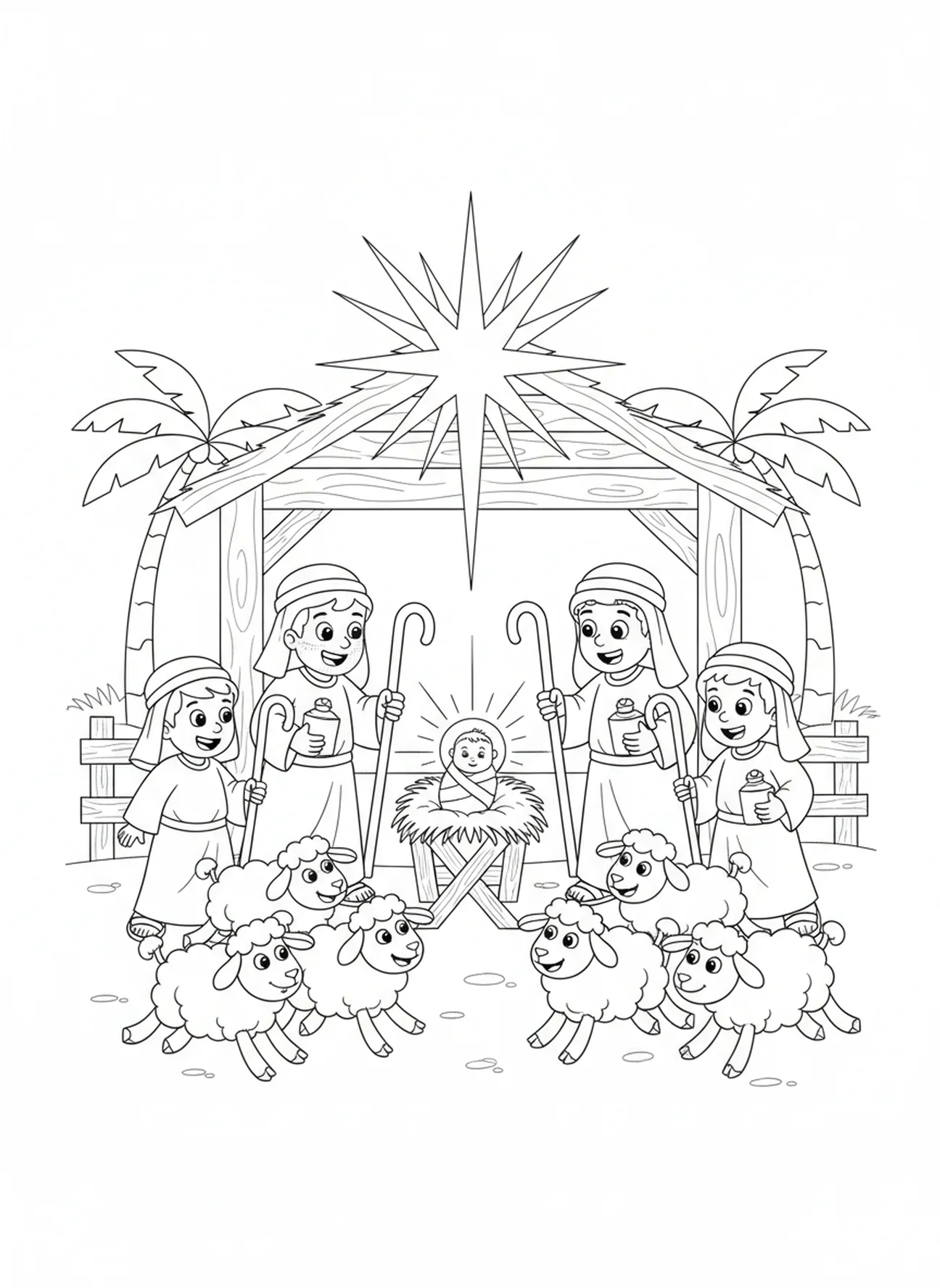 Bergers avec des moutons, page à colorier de la Nativité de l'Enfant Jésus dans la crèche pour les enfants de 5 à 10 ans