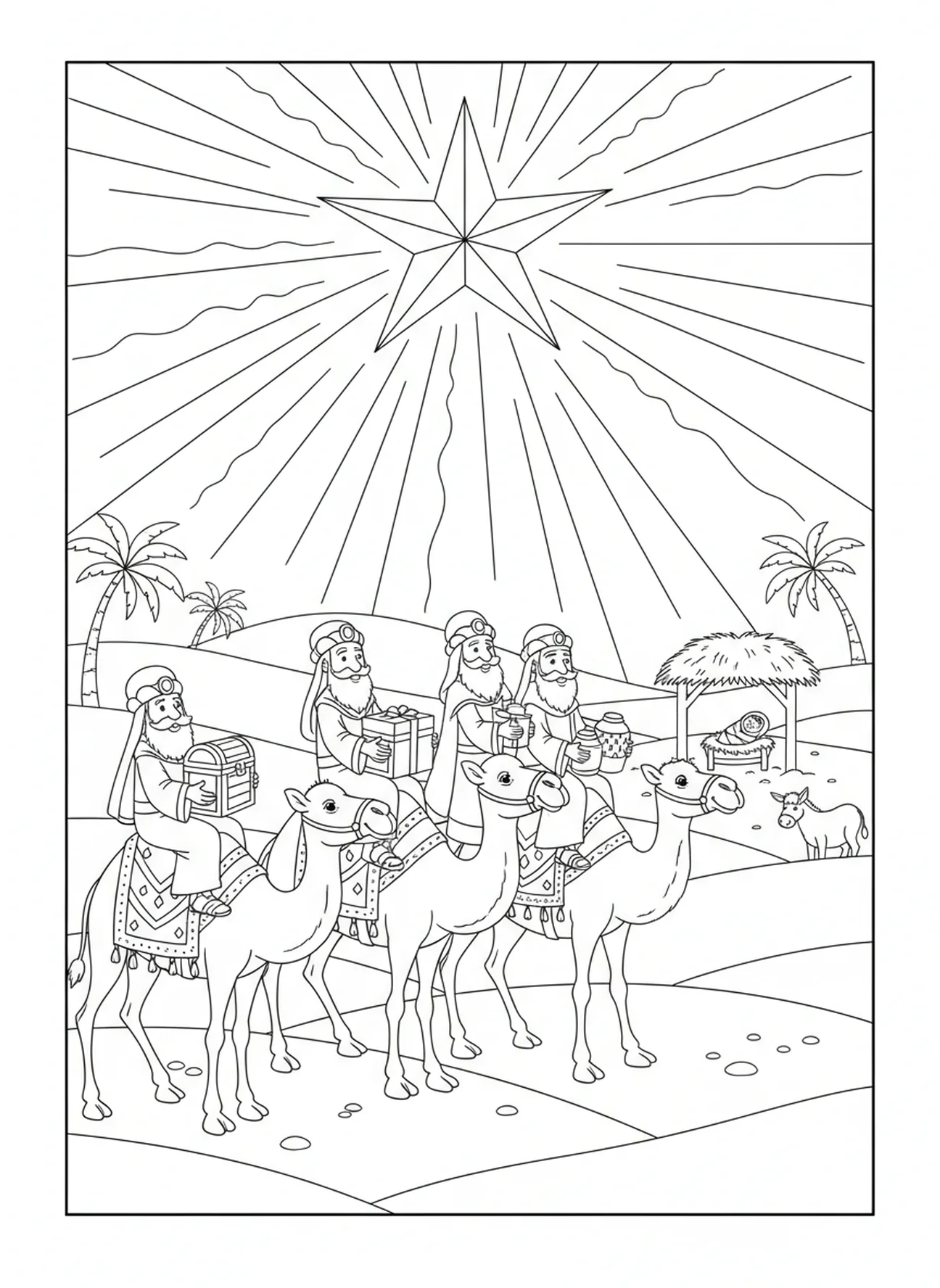 Trois rois mages sur des chameaux, page à colorier de la Nativité avec le bébé Jésus dans la crèche pour les enfants de 5 à 10 ans
