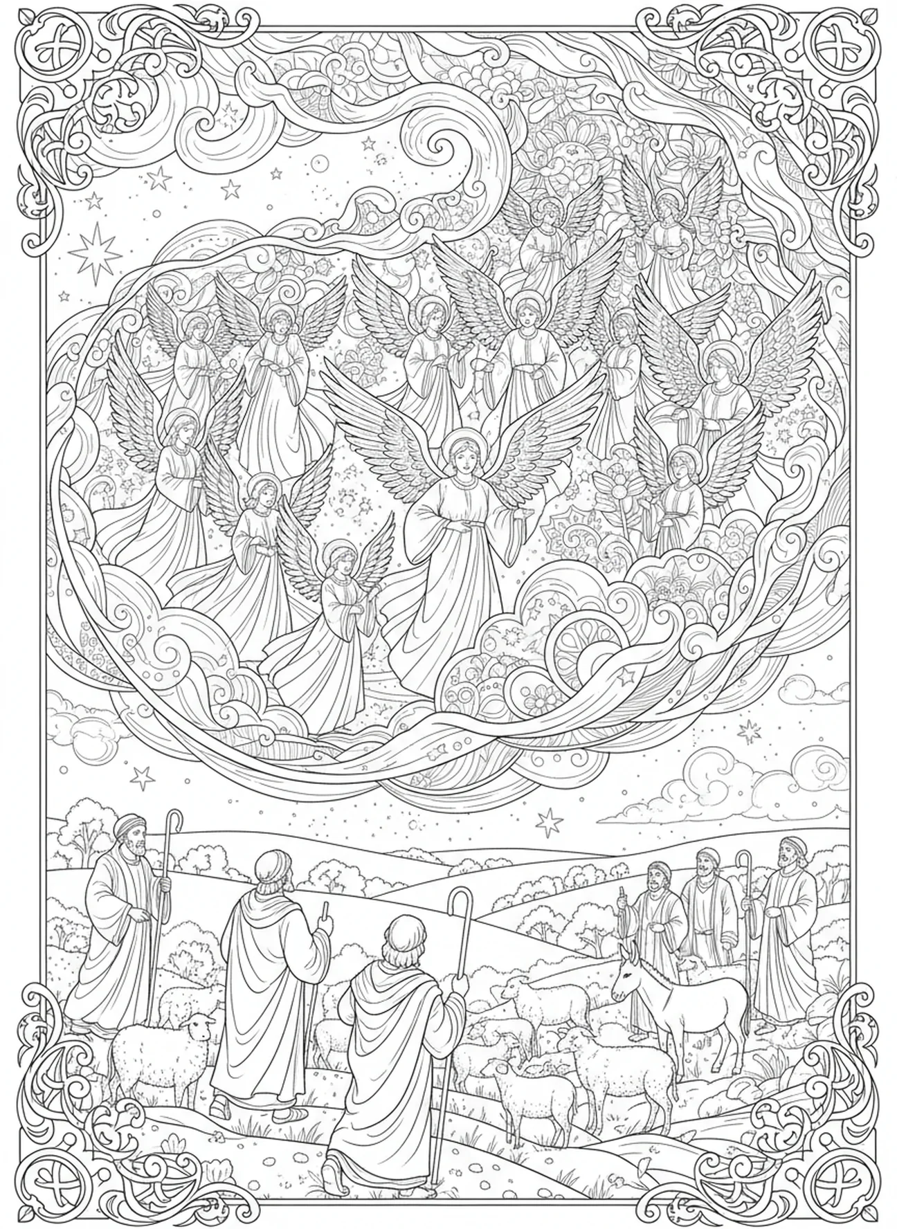 Angels in the sky, Nativity Holy Family Stable coloring page for adults Bible journaling style.