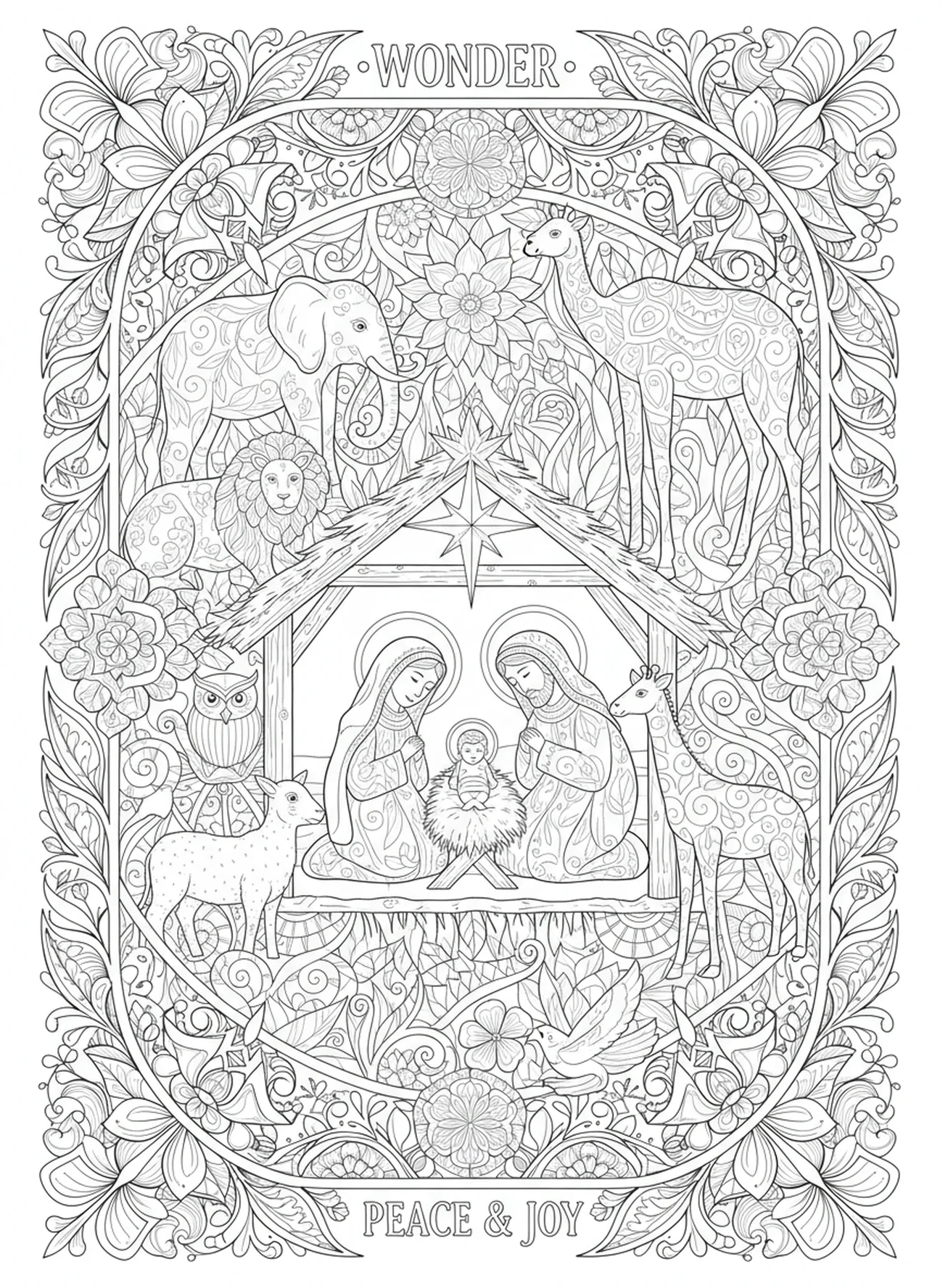 Animals surrounding nativity, Nativity Holy Family Stable coloring page for adults Bible journaling style.