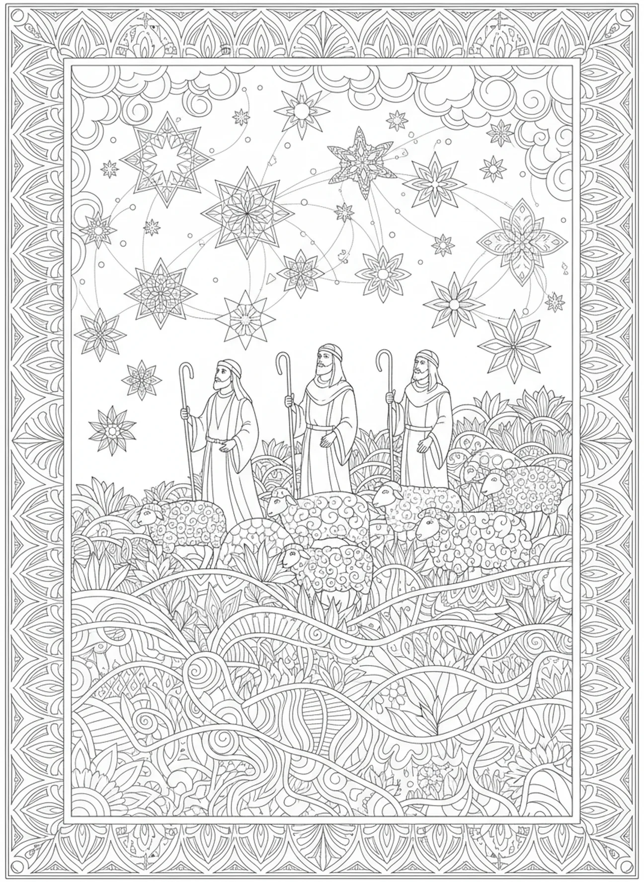 Shepherds with sheep, Nativity Holy Family Stable coloring page for adults Bible journaling style.