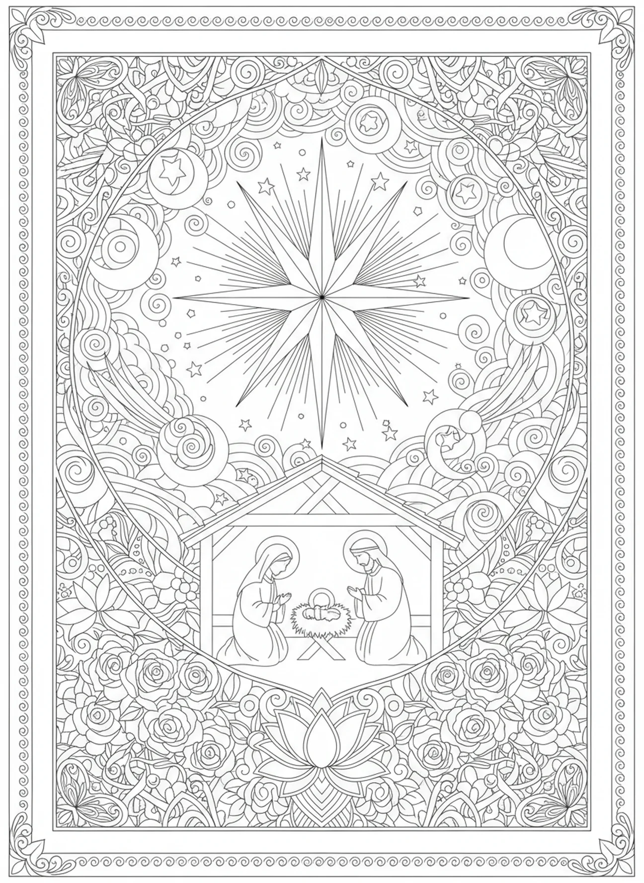 Guiding star above stable, Nativity Holy Family Stable coloring page for adults Bible journaling style.