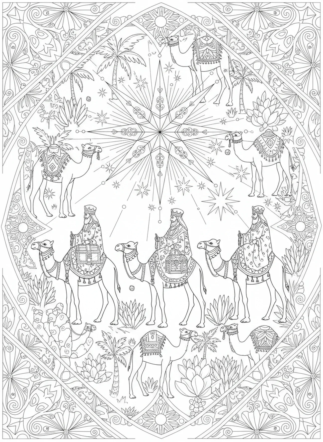 Wise men traveling, Nativity Holy Family Stable coloring page for adults Bible journaling style.