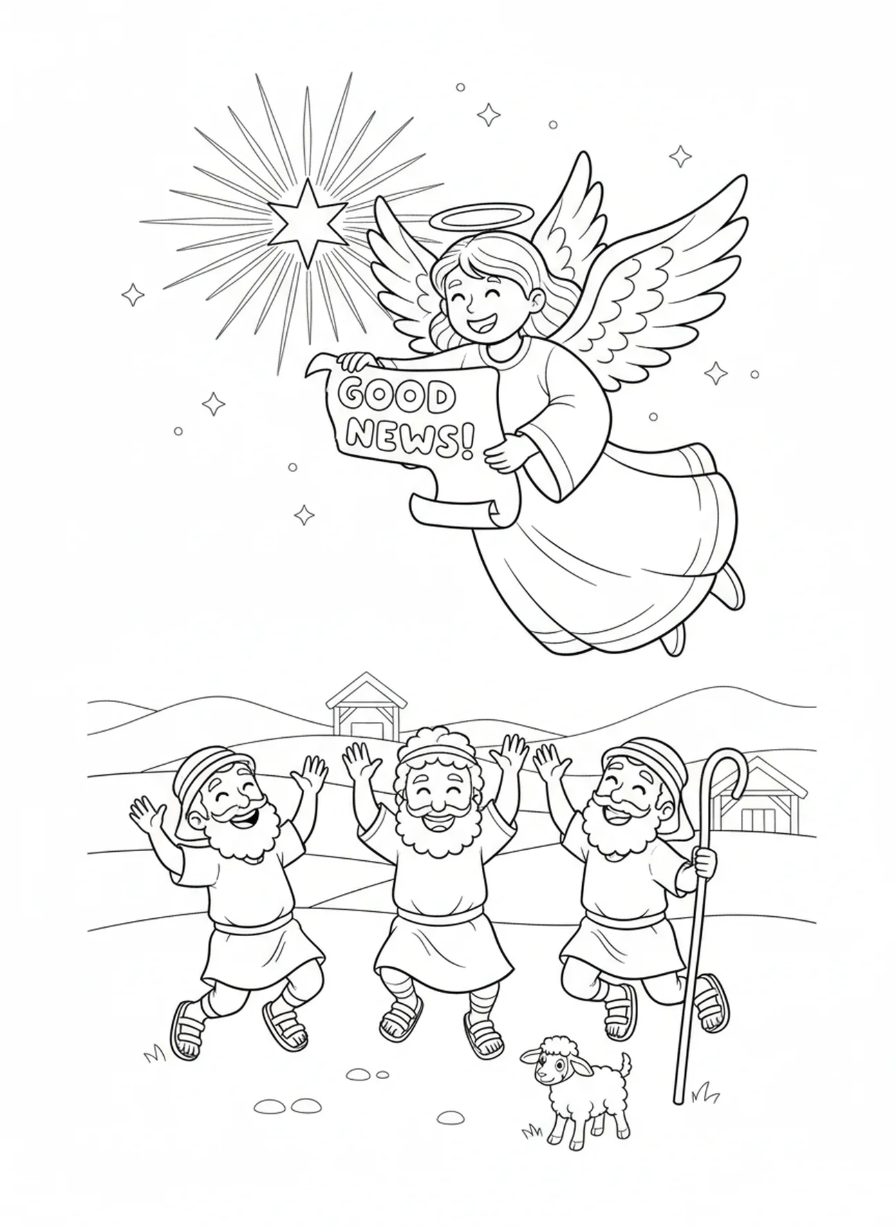 Engel verkündet die Geburt, Ausmalbild der Heiligen Familie in der Krippe für Kinder im Alter von 5-10 Jahren