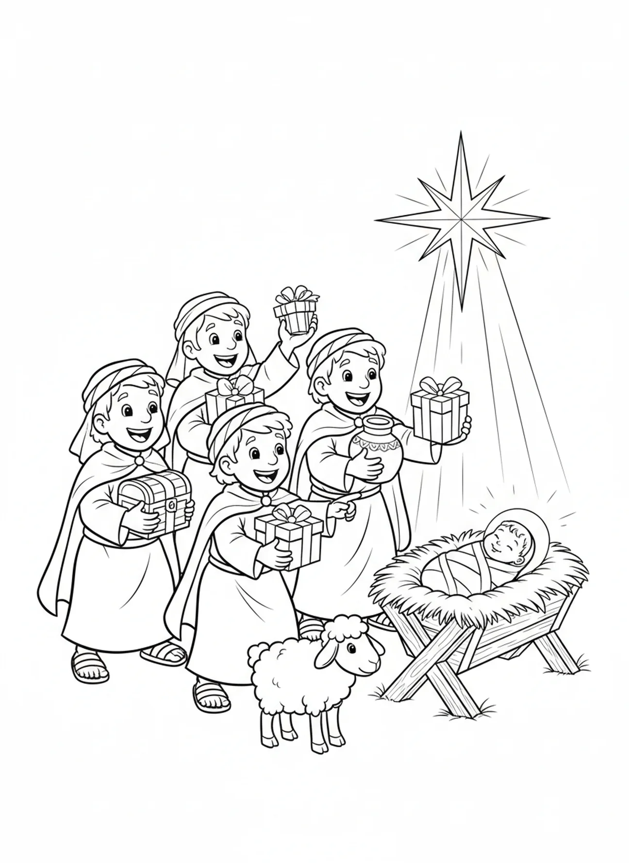 Aufgeregte Hirten, Ausmalbild der Heiligen Familie in der Krippe für Kinder im Alter von 5-10 Jahren