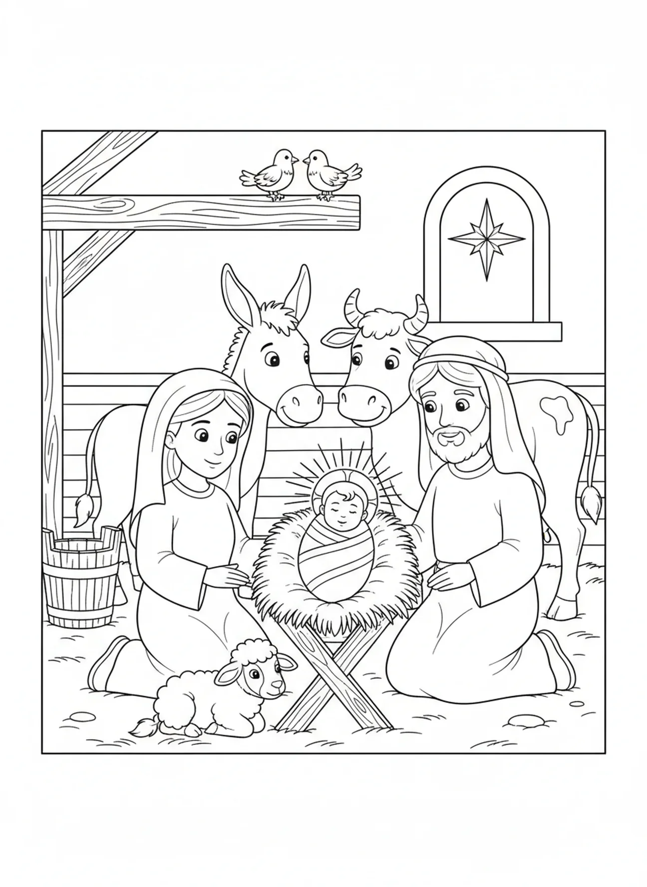 Gemütliche Stall-Szene mit Tieren, Ausmalbild der Heiligen Familie zur Geburt für Kinder im Alter von 5-10 Jahren