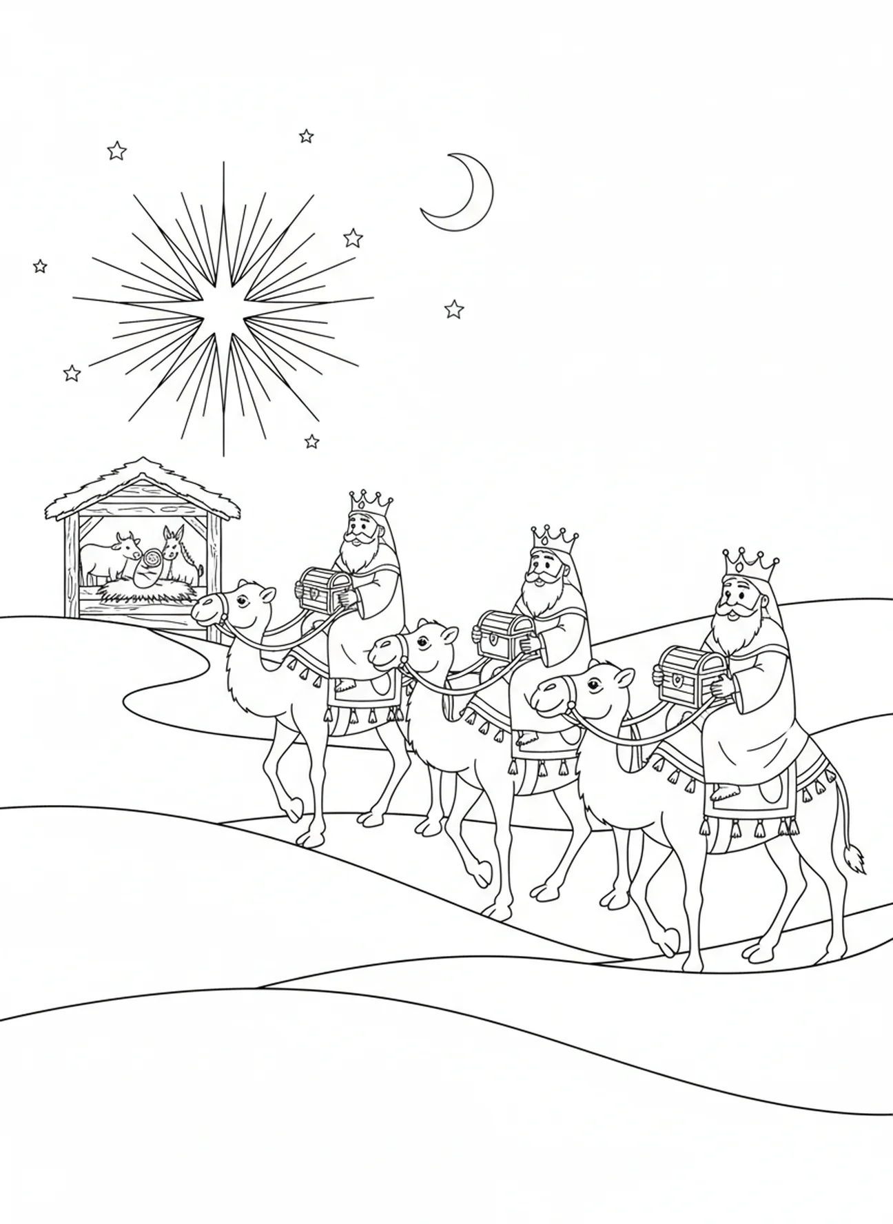 Drei weise Männer auf Kamelen, Ausmalbild der Heiligen Familie in der Krippe für Kinder im Alter von 5-10 Jahren