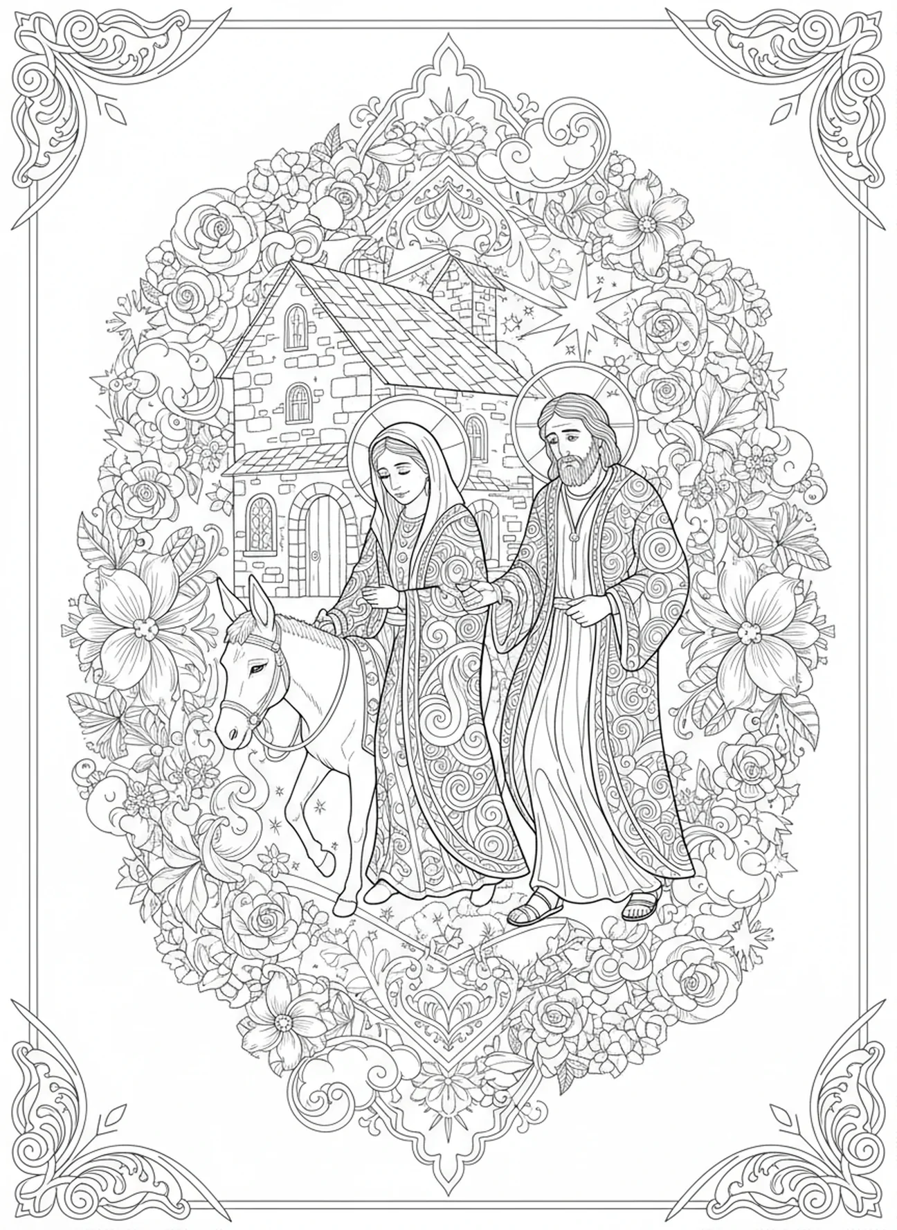 Maria und Josef auf dem Weg zur Herberge, Krippe Maria Josef Kein Platz Malvorlage für Erwachsene im Stil des Bibeljournaling.